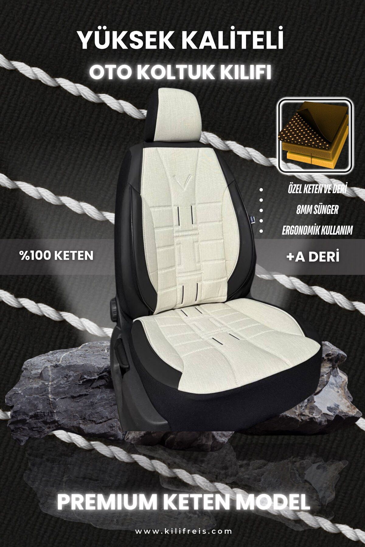 KILIFREİS PREMIUM SERİSİ - BEYAZ KETEN VE DERİ KOLTUK KILIFI & Ön Arka 5 Koltuk Tam Set
