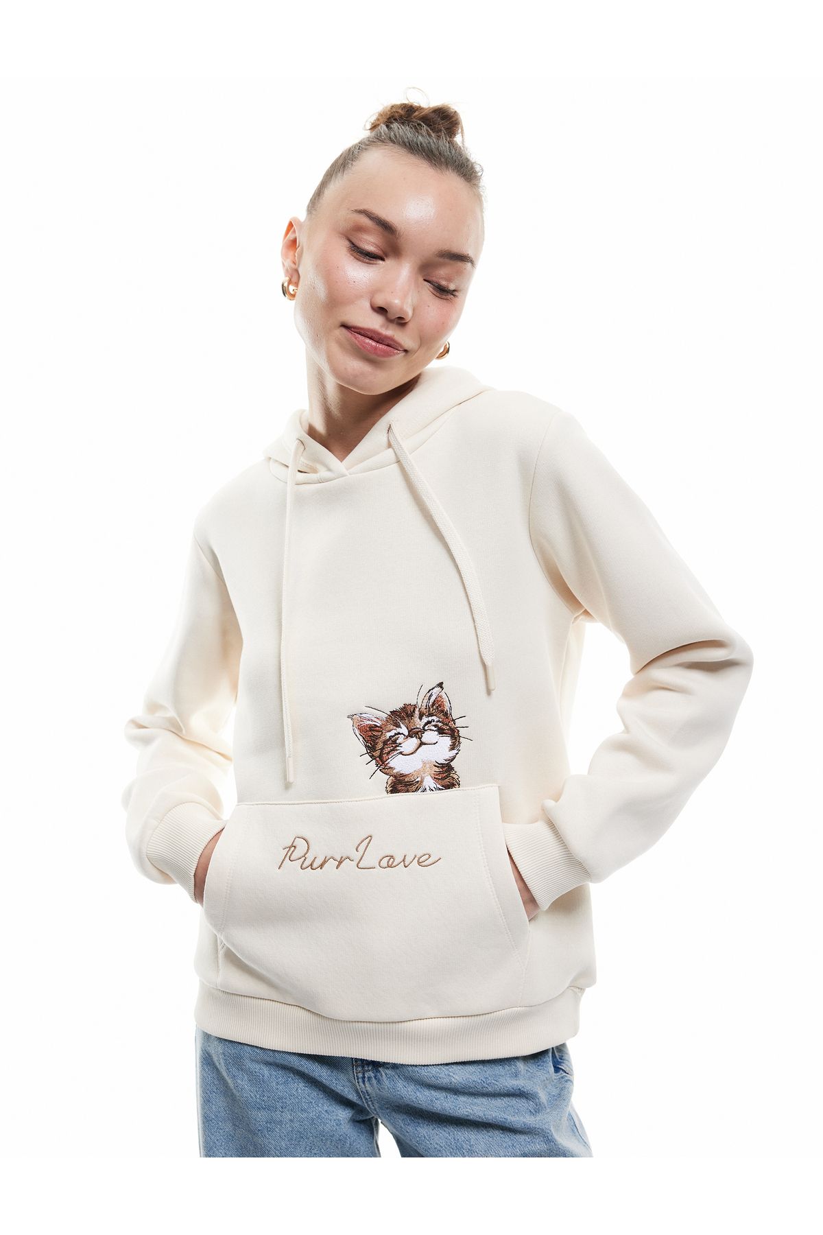 Koton Kapüşonlu Şardonlu Kedi Nakış Detaylı Kanguru Cepli Sweatshirt