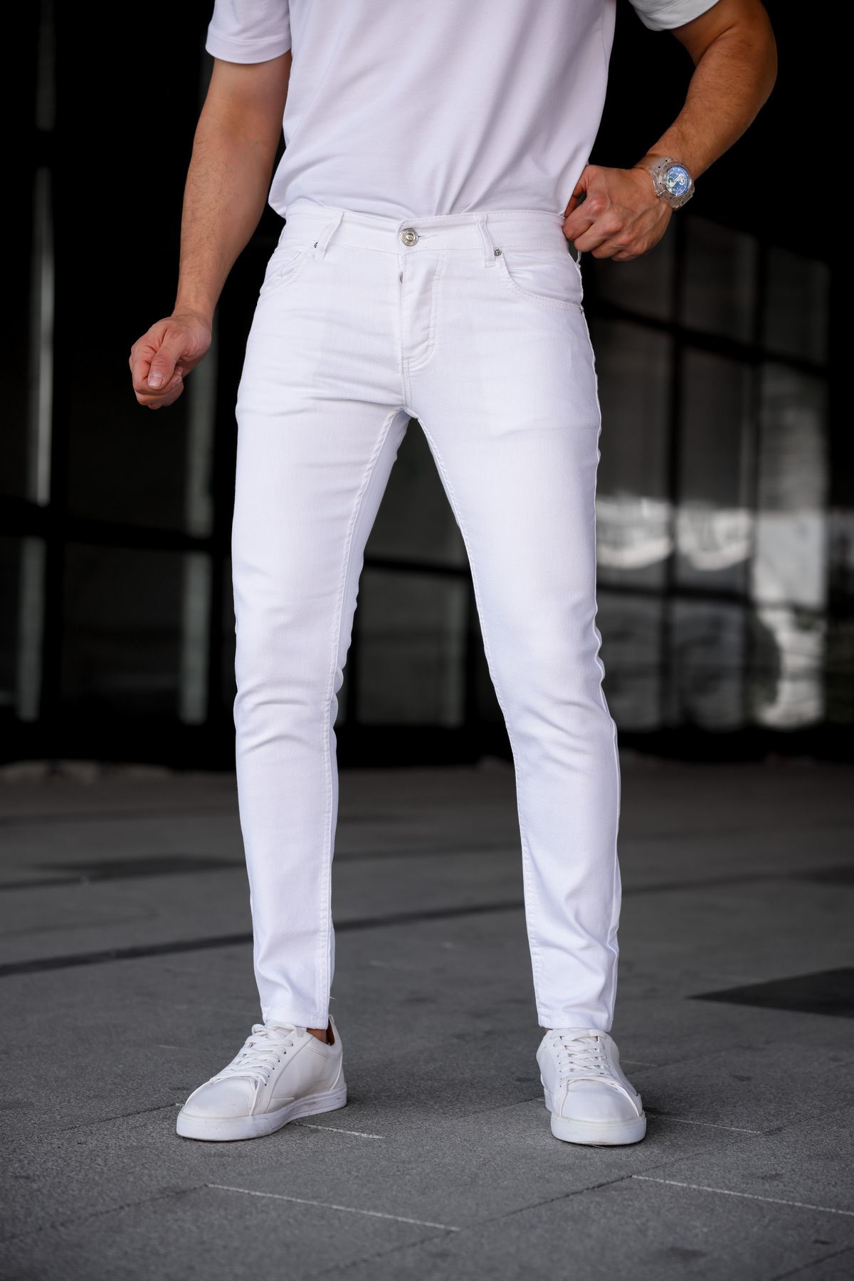 Newtime Erkek Beyaz Slim Fit Dar Kesim Likralı Esnek Jean Kot Pantolon Tırnaklı