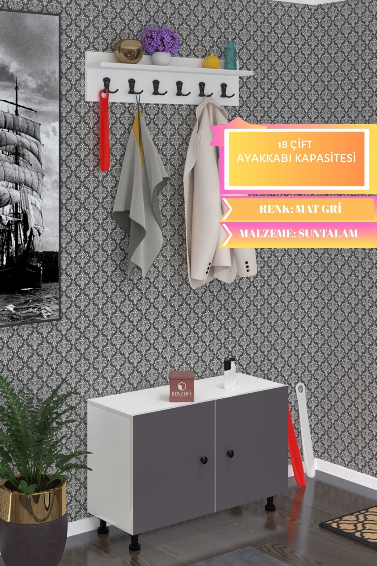 Kenzlife portmanto ayakkabılık ve askılık sandal3 gribyz 53*120*32 onsekiz çift ayakkabı kapasitesi