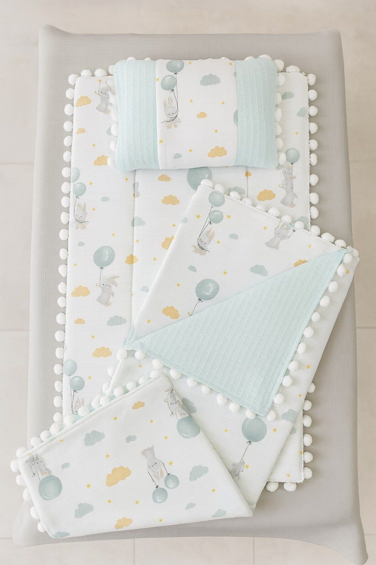 voyyo kids baby Battaniyeli Bebek Alt Açma Seti, Minderi , Müslin, Bebek Yastığı, Yenidoğan, Beşik , Bebek Ürünleri