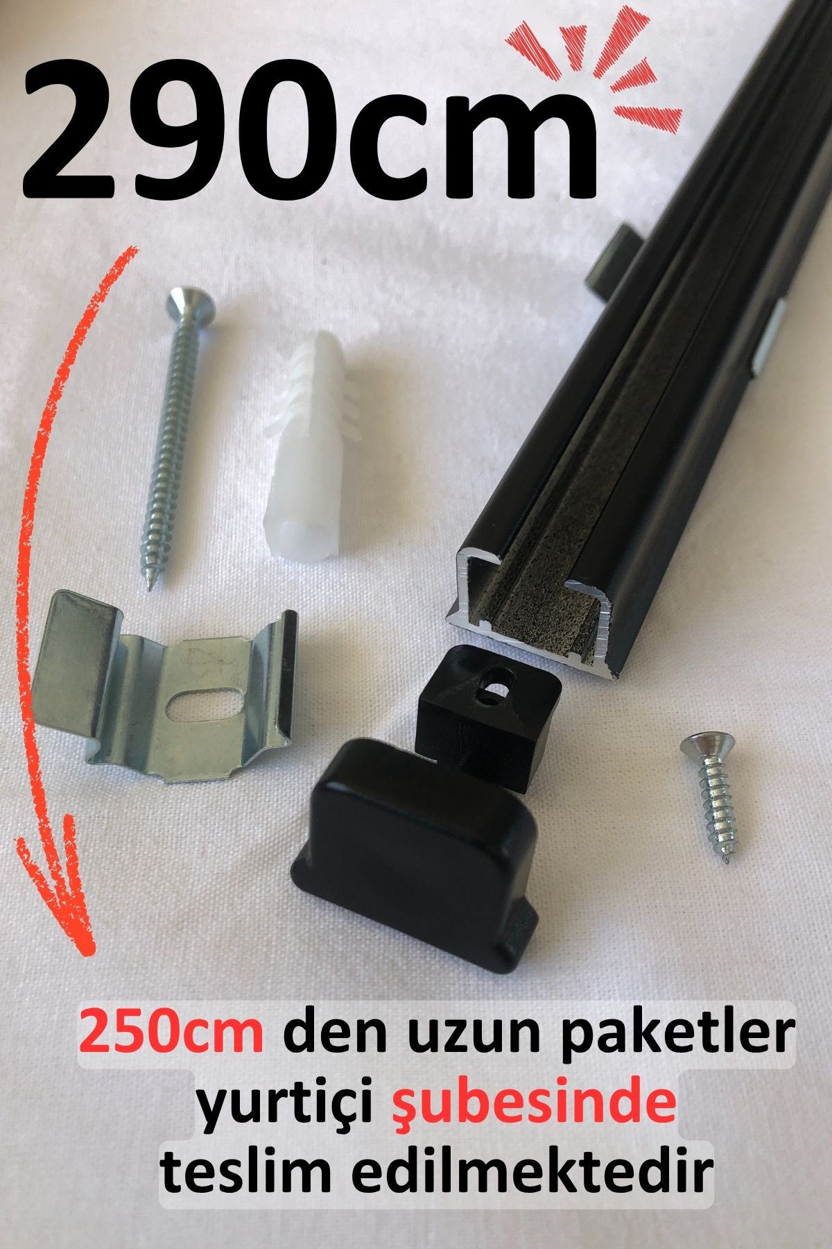 İzen Tek Kanallı 290cm Siyah Alüminyum Ray (19mm) Tekli Korniş + Metal Portray