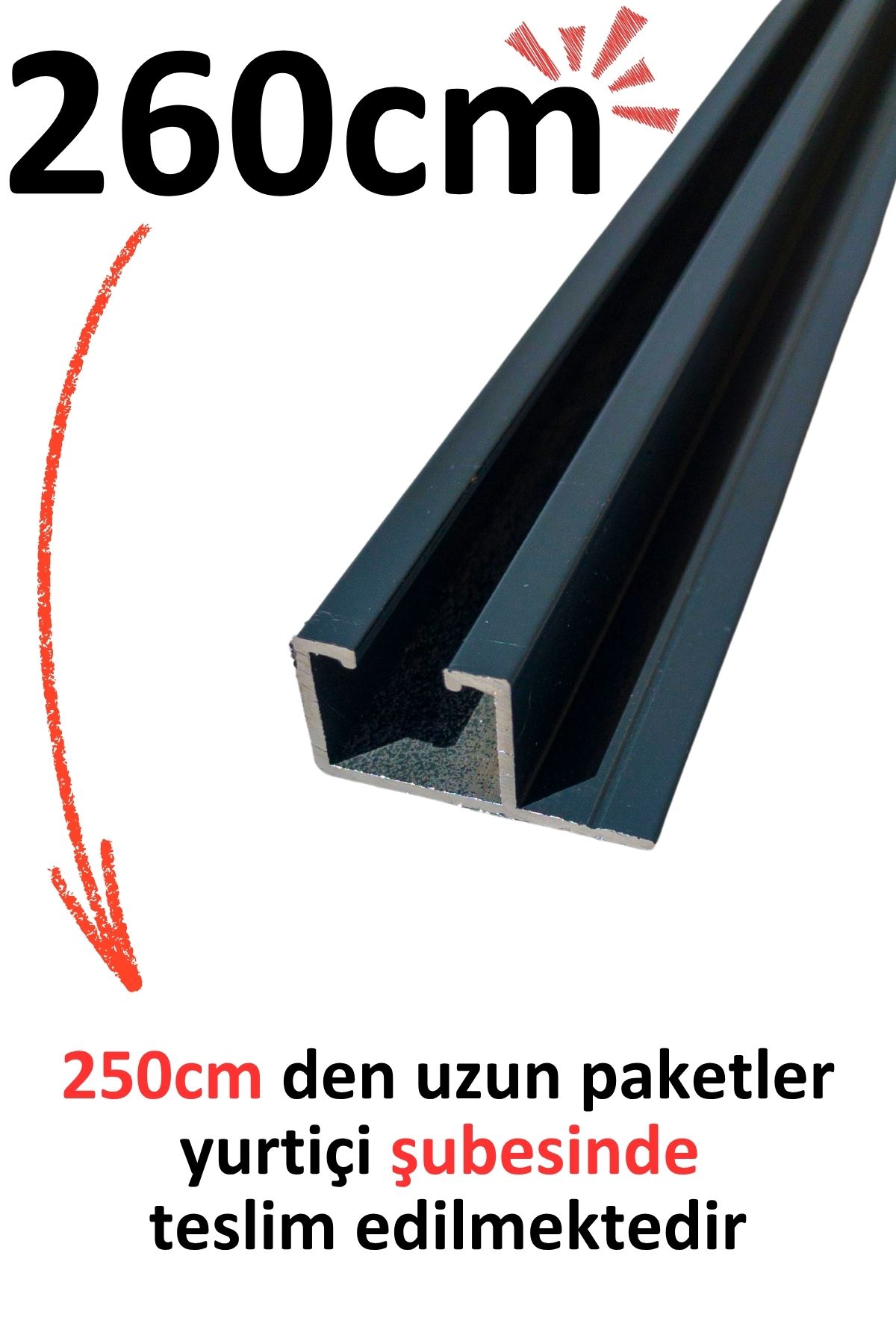 İzen Tek Kanallı Yan Çıtalı 260cm Antrasit Alüminyum Perde Rayı (25mm) Tekli Korniş