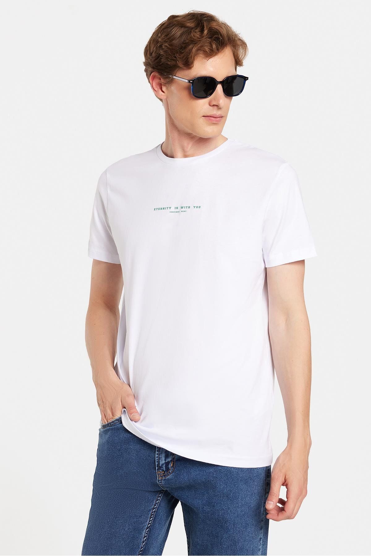 Tudors Erkek Slim Fit Dar Kesim %100 Pamuk Yumuşak Dokulu Baskılı Beyaz Bisiklet Yaka Tişört