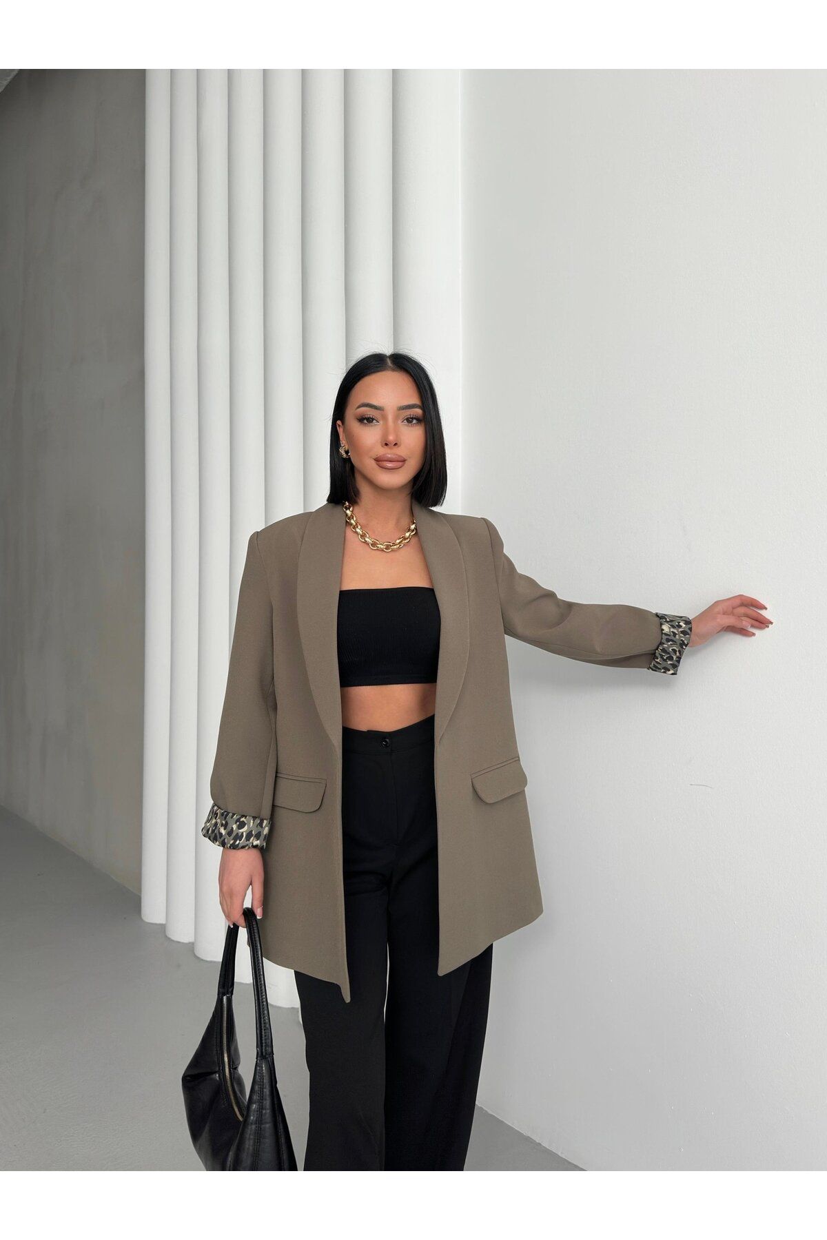 FATOŞ BUTİİK Leopar Astar Detaylı Blazer Ceket