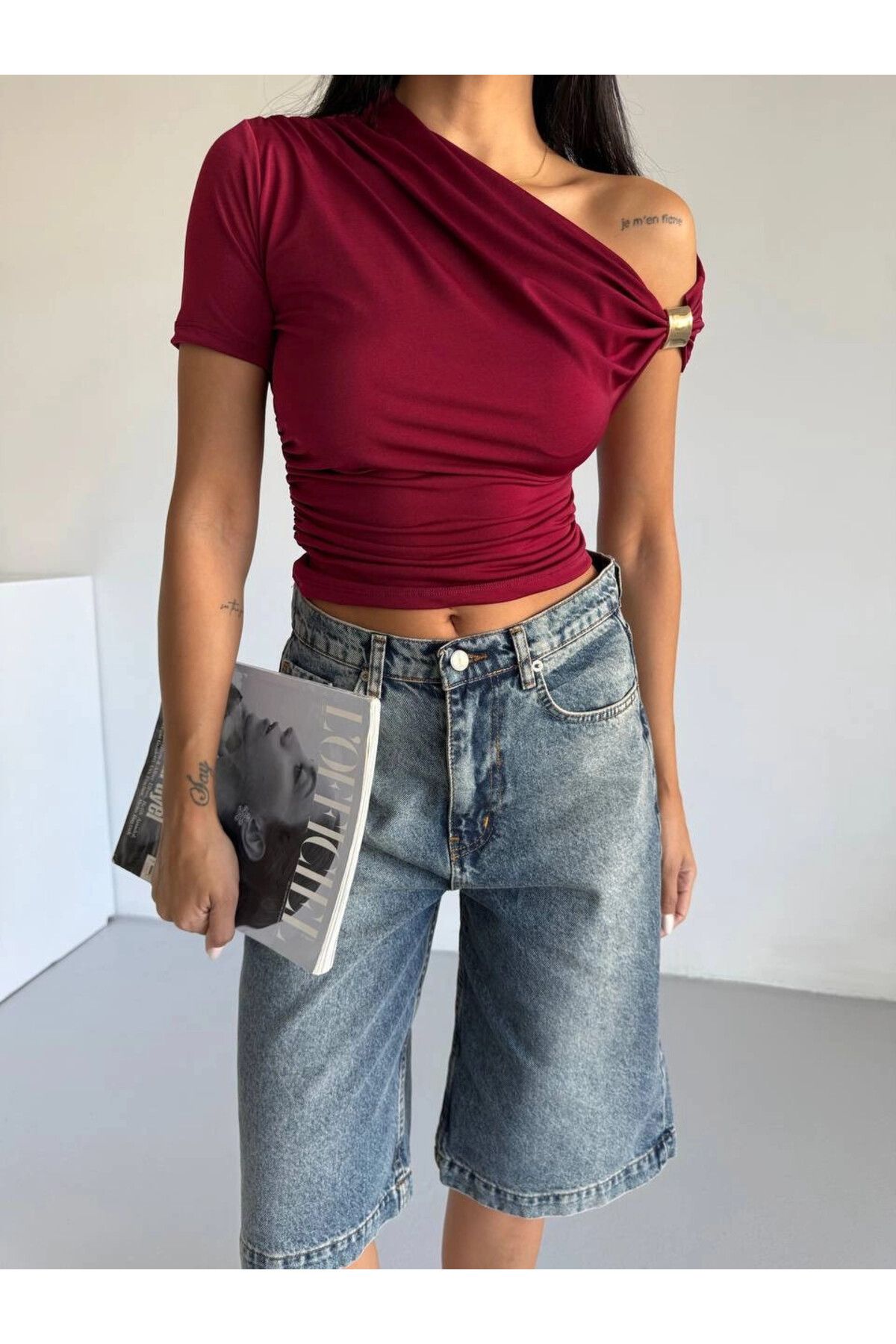 hazelin Kadın Bordo Asimetrik Drapelim Omuz Aksesuarlı Sandy Bluz HZL25S-FRY123231