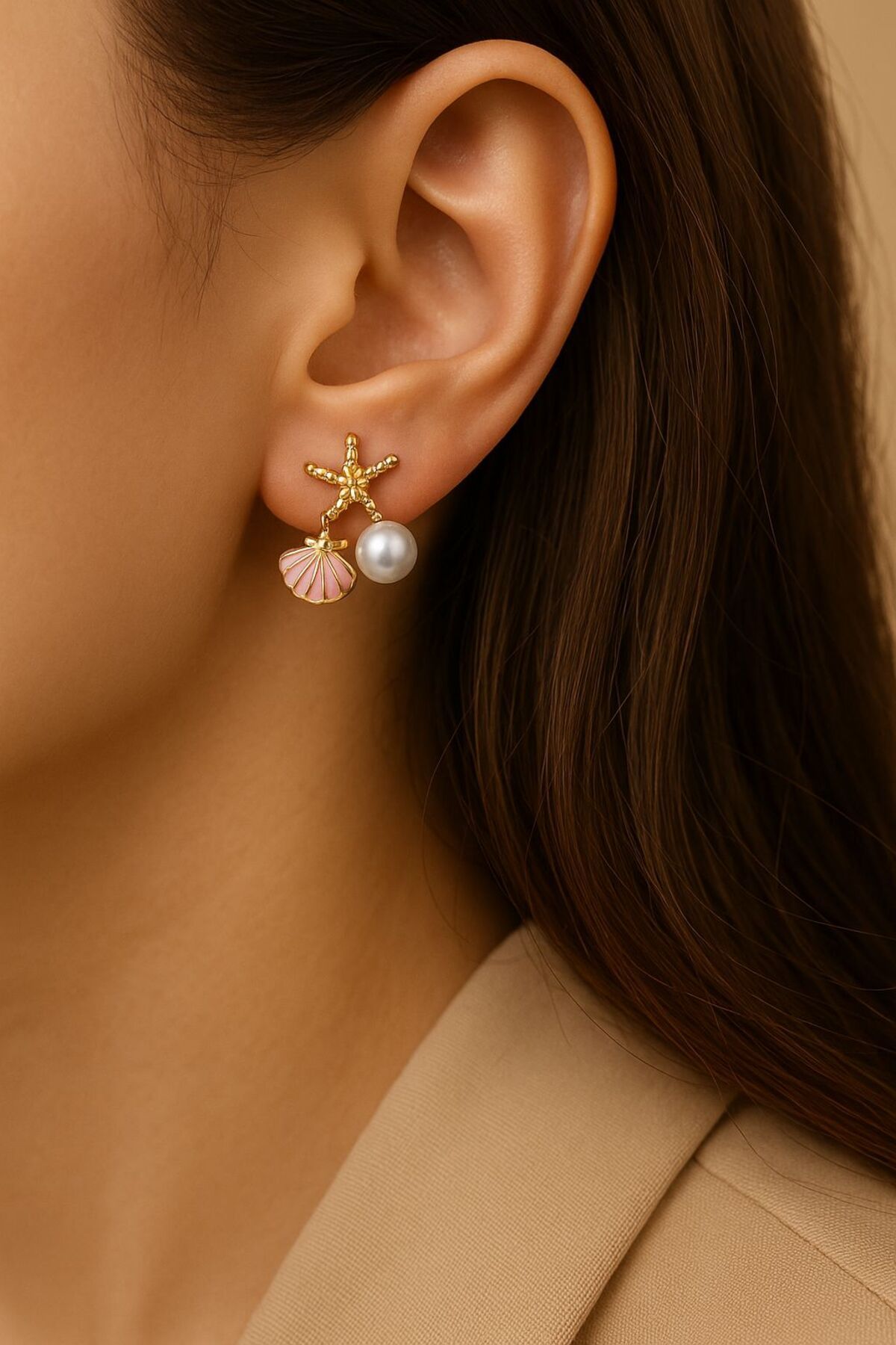endlessstylish 🐚 Deniz Temalı Küpe – Deniz Yıldızı, İnci ve Pembe Deniz Kabuğu