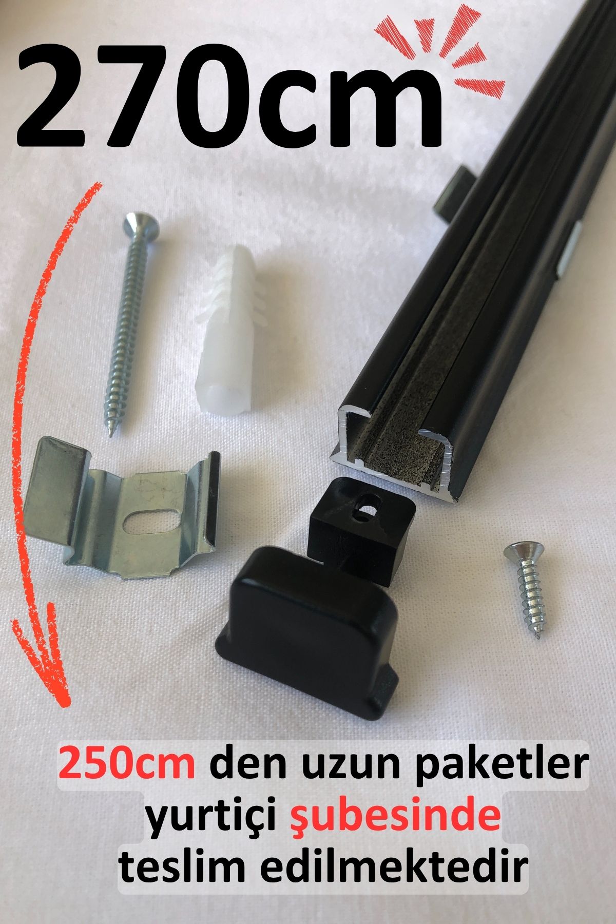 İzen Tek Kanallı 270cm Siyah Alüminyum Ray (19mm) Tekli Korniş + Metal Portray