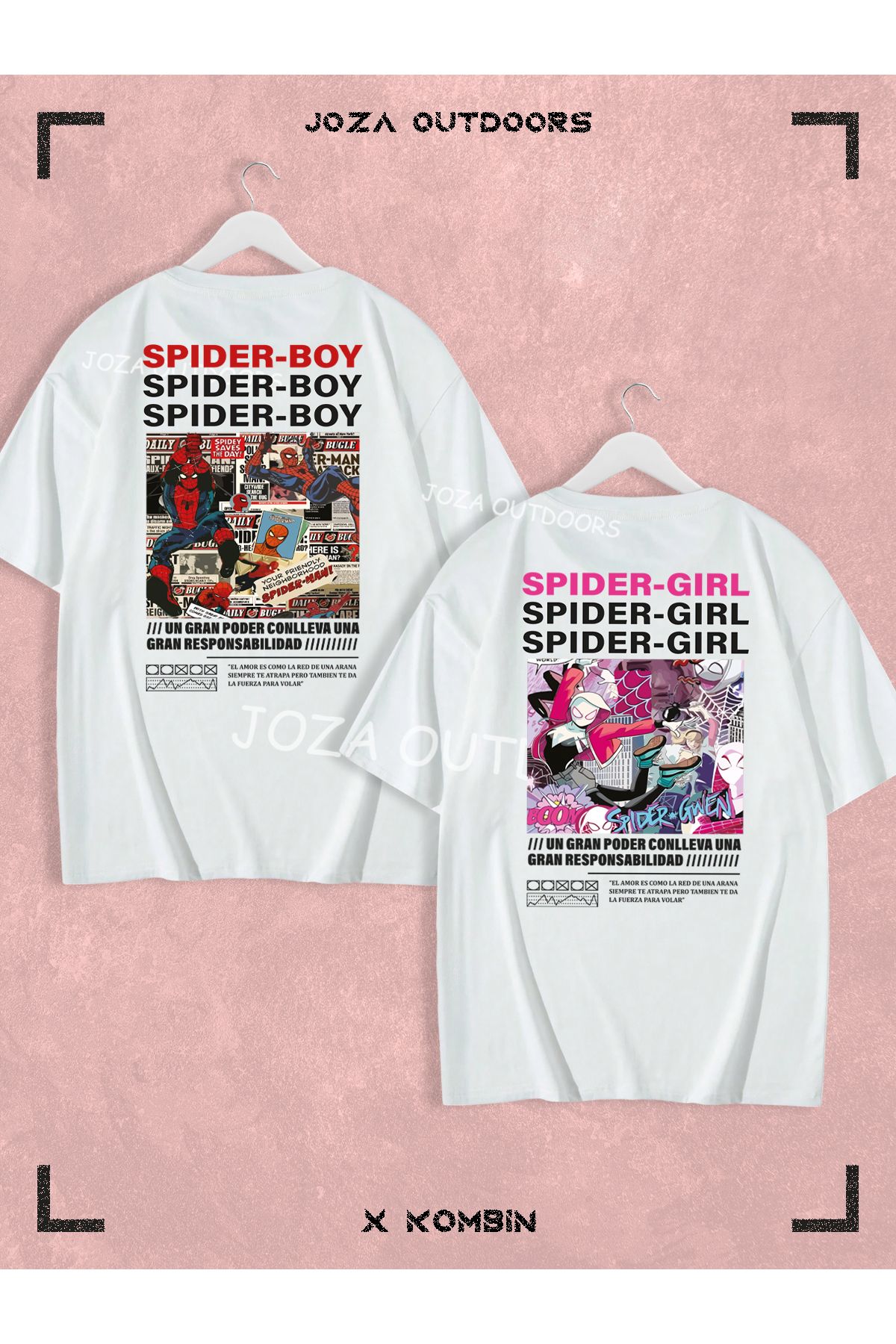 Joza Outdoors Kadın Erkek Spider Boy Spider Girl SIRT Baskılı Sevgili Çift Kombini Oversize Tshirt 2'li Takım