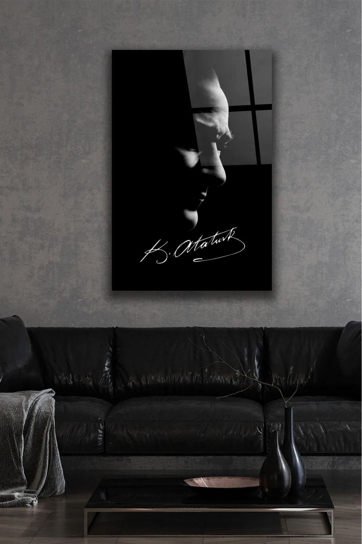 CANVASUM Mustafa Kemal Atatürk Siyah Beyaz Stil 1 CAM TABLO