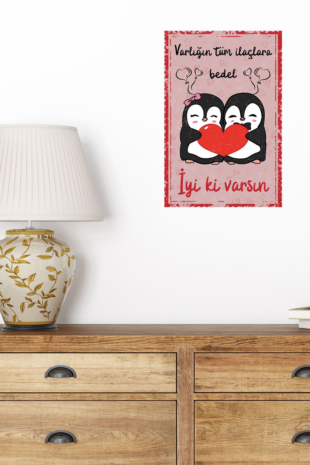 qoeuyl boutique İyi ki Varsın Penguen Baskılı Eş, Sevgili, Arkadaşa Hediyelik 18x27 MDF Mini Ahşap Poster Tablo