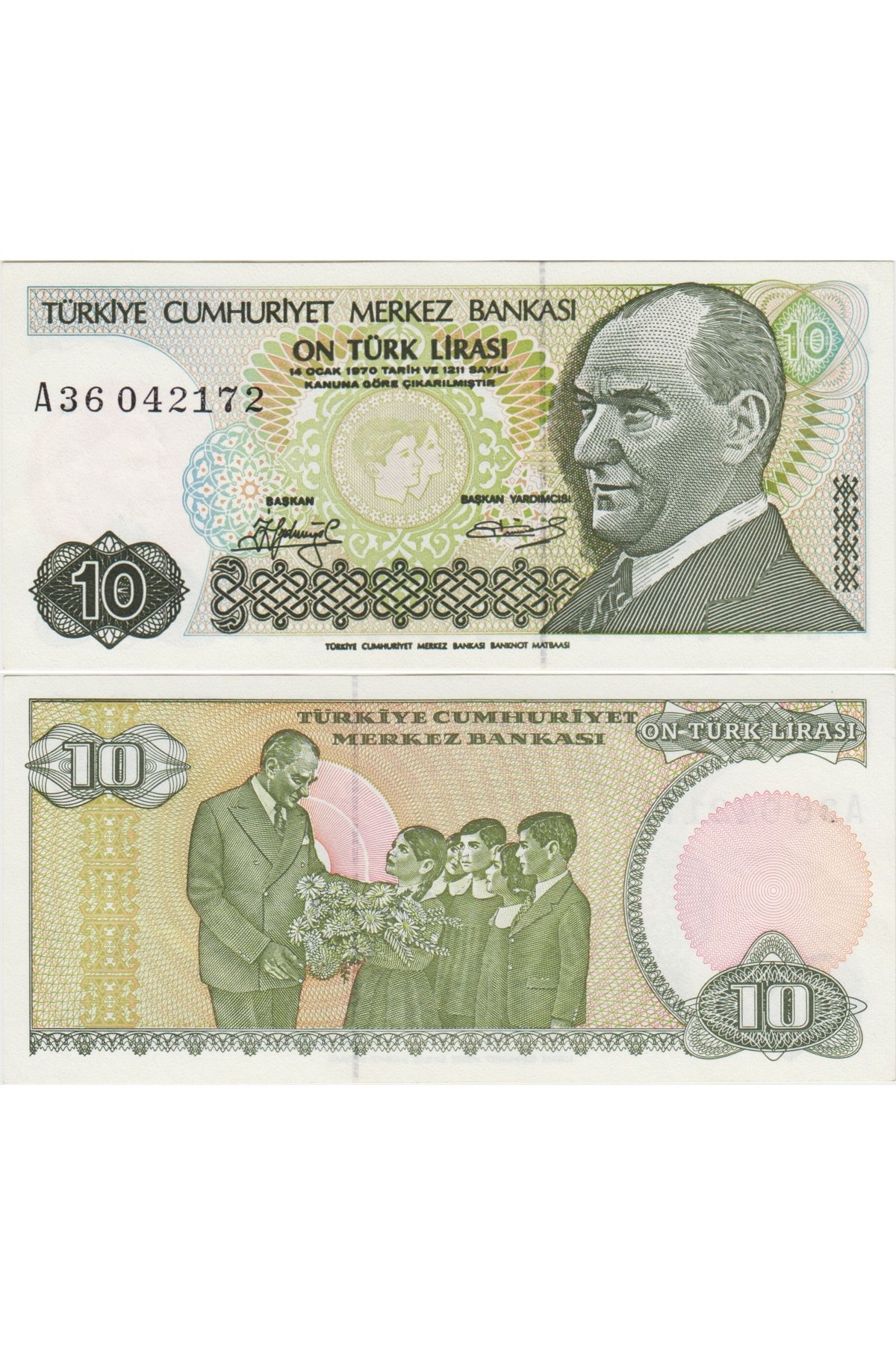 Banknoting TÜRKİYE CUMHURİYETİ 7. EMİSYON 1. TERTİP 10 LİRA SERİ A36 UZUN KAŞ. ÇİL(-) KONDİSYON.