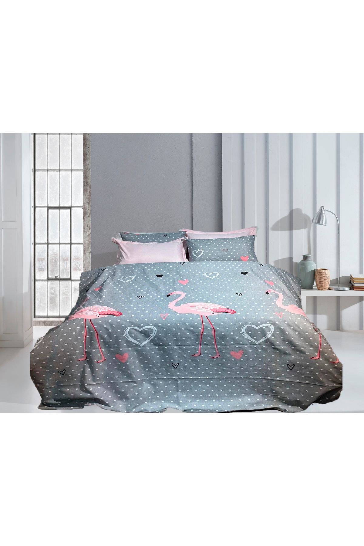 Fabeteks Flamingo ve Kalpler Delux %80 Pamuk Çift Kişilik Nevresim Takımı