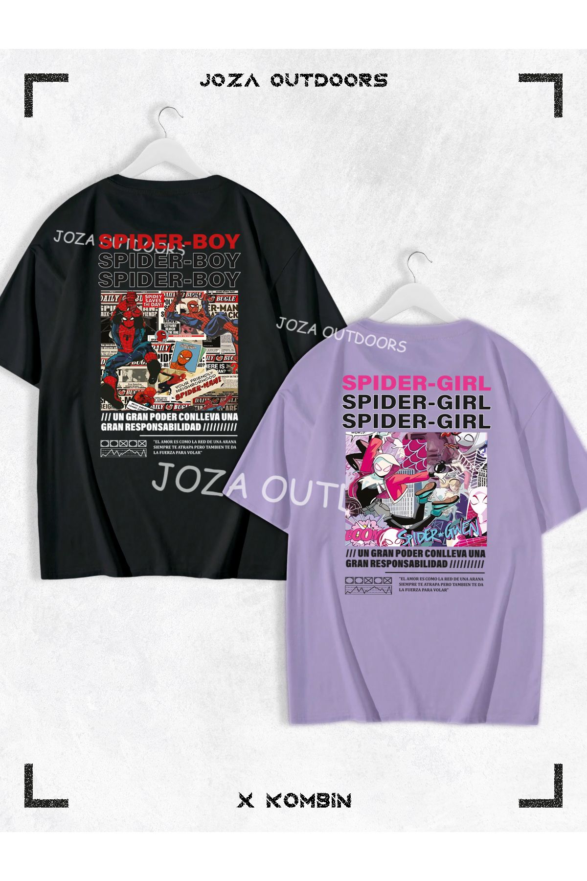 Joza Outdoors Kadın Erkek Spider Boy Spider Girl SIRT Baskılı Sevgili Çift Kombini Oversize Tshirt 2'li Takım