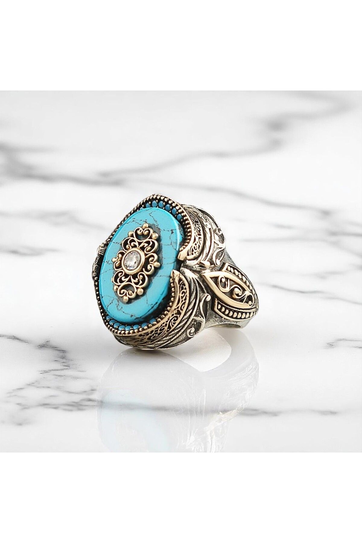 Asteria Jewelry İşlemeli Firuze Taşlı Gümüş Yüzük