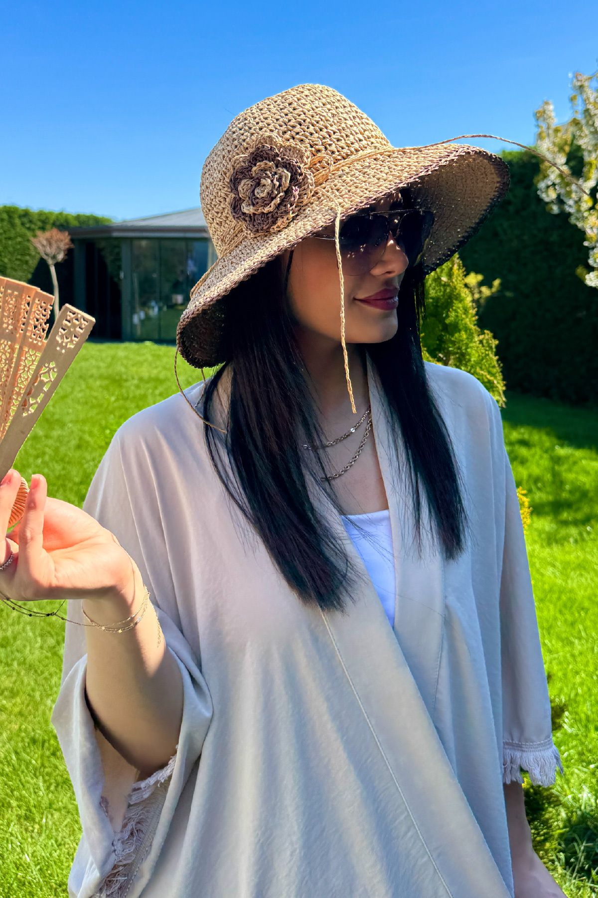 EMNORA Çiçek Detaylı Örgü Bucket Hasır Şapka Camel