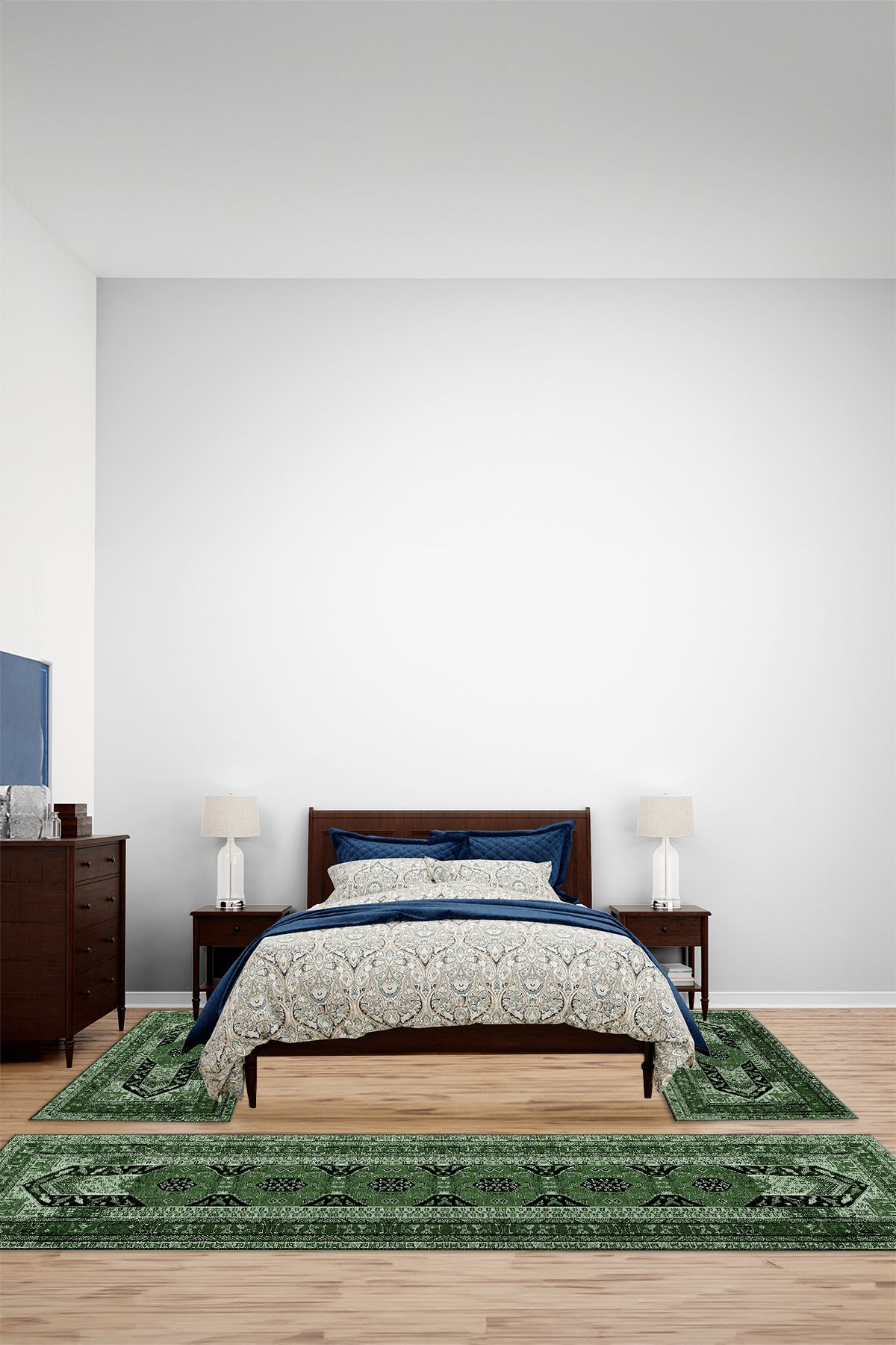 Viyana Home Dijital Kaymaz Etnik Modern Desenli Yıkanabilir Üçlü Yatak Odası Takımı Halısı, YO-ETNİK-74-YEŞİL,