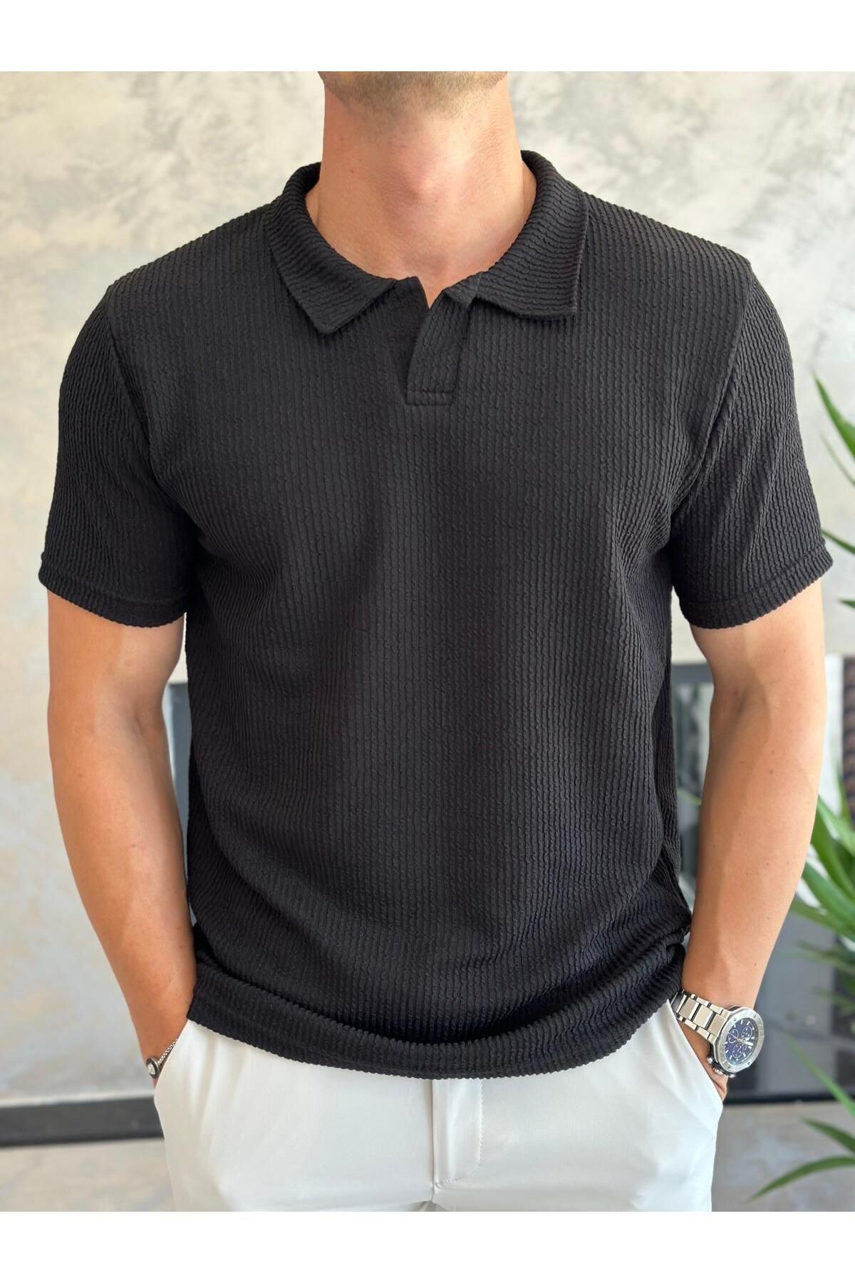 ECARTS Erkek Slim Fit Fitili Dokuda Triko Polo Yaka Tshirt Siyah Eca016