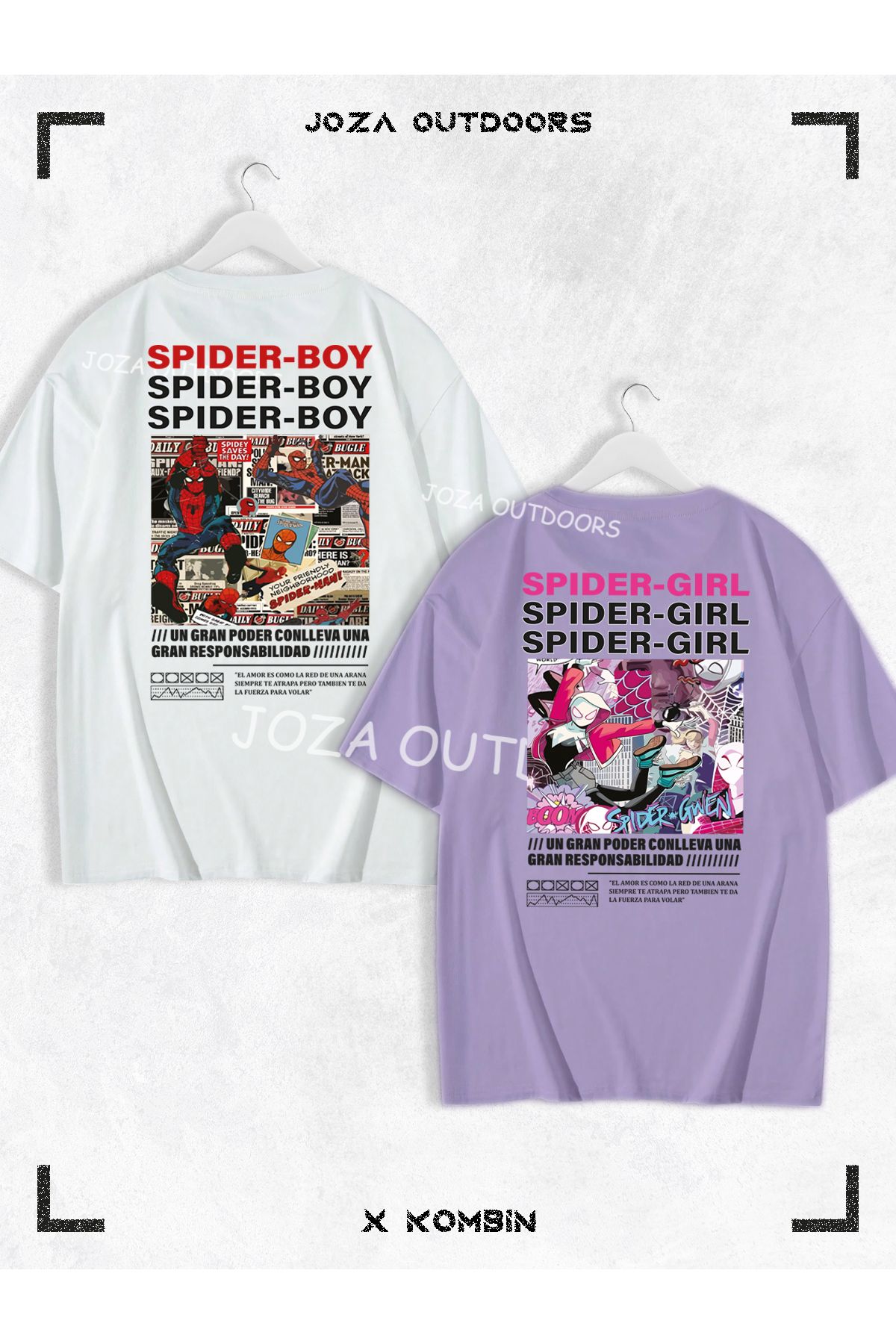 Joza Outdoors Kadın Erkek Spider Boy Spider Girl SIRT Baskılı Sevgili Çift Kombini Oversize Tshirt 2'li Takım