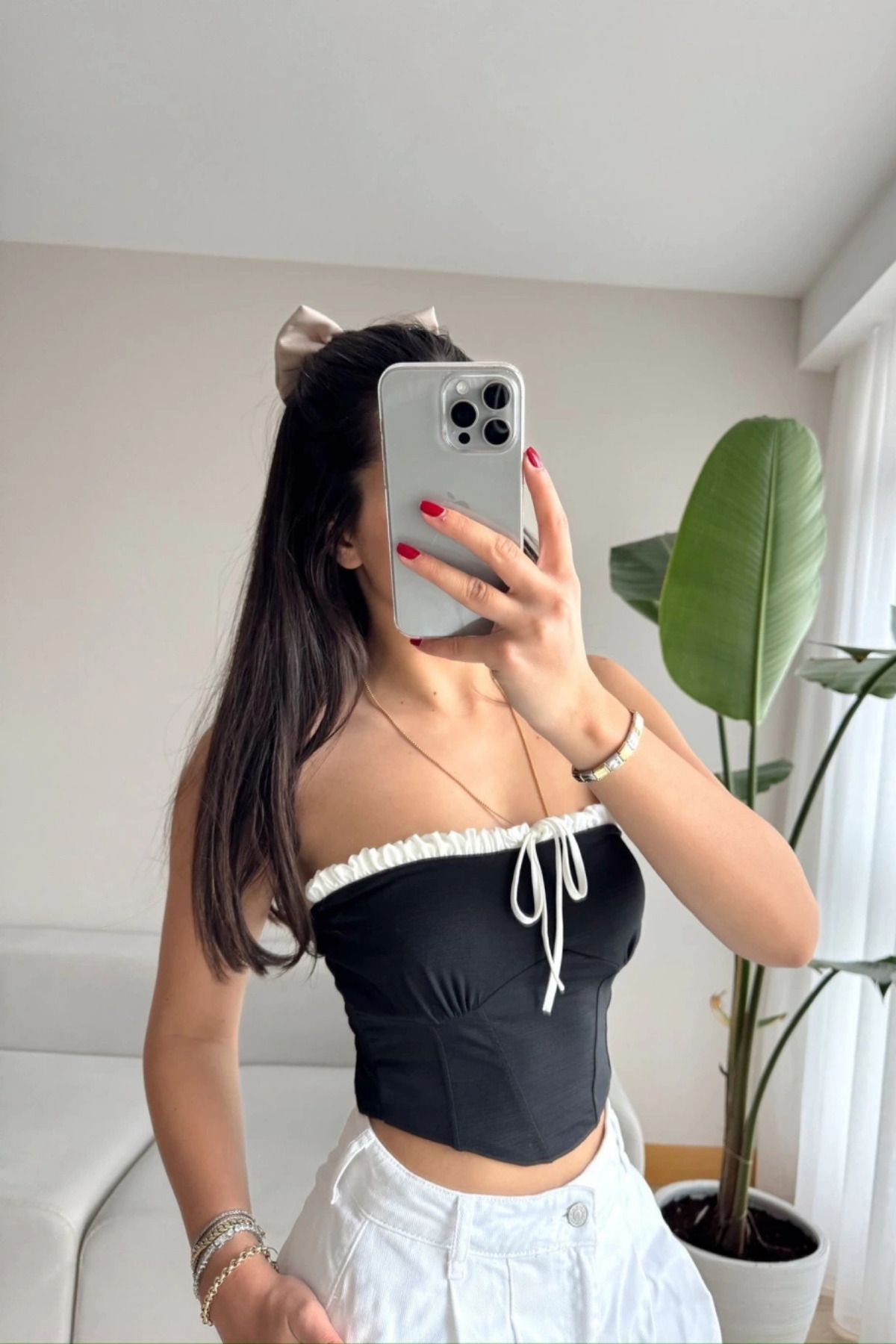 MOZENA Ön Bağlama Detaylı Straplez Crop Bluz