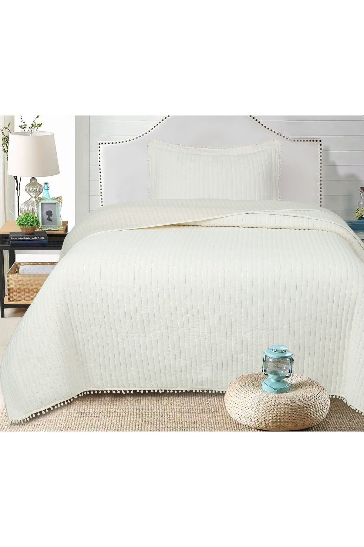 Bella Home Sofia Ponponlu Tek Kişilik Yatak Örtüsü Seti - 180x240 cm
