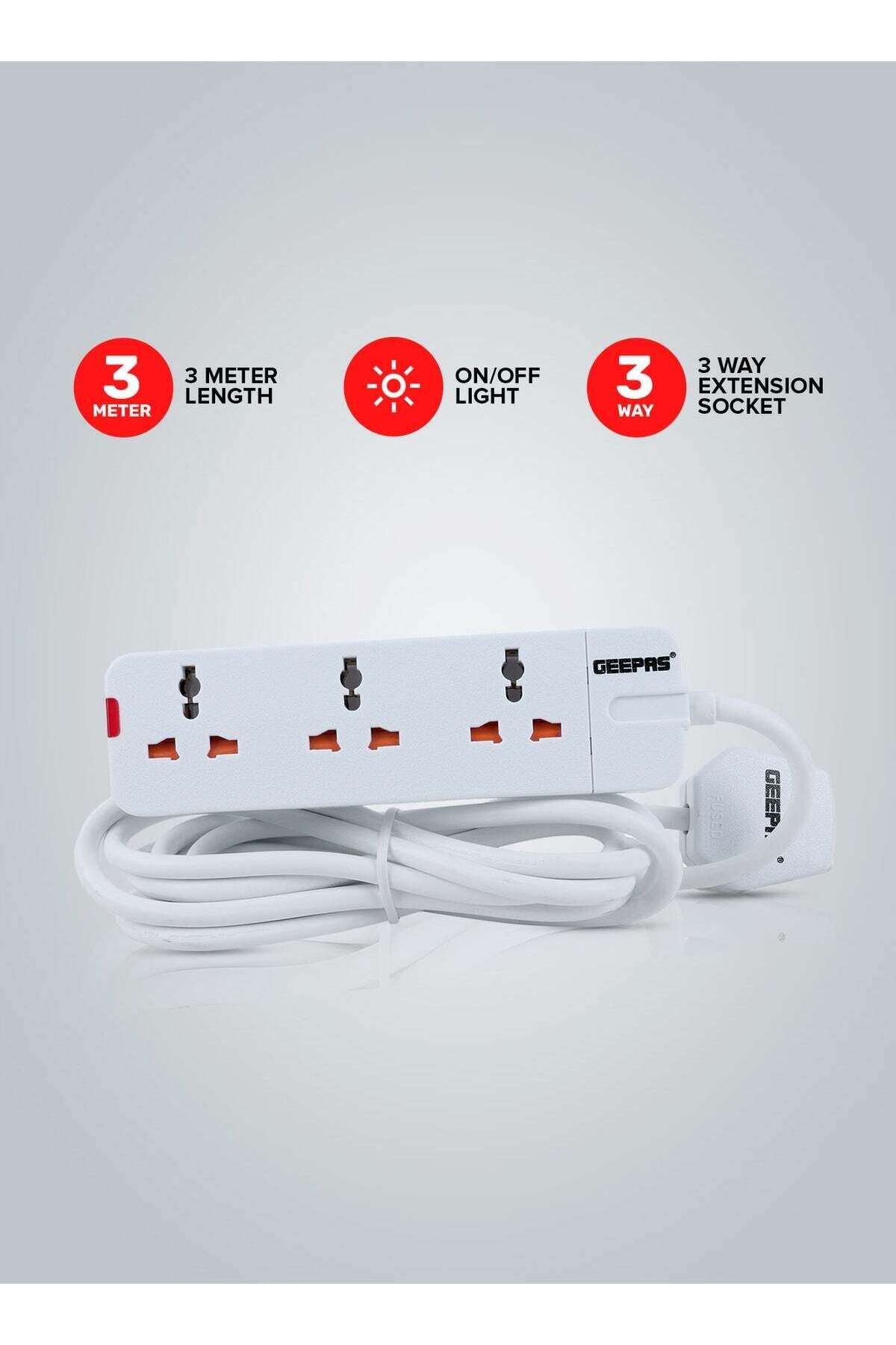 Geepas-3 Way Extension Socket 13A - Charge Multiple Devices with Child Safe, Extra Long Cord & Over 1
