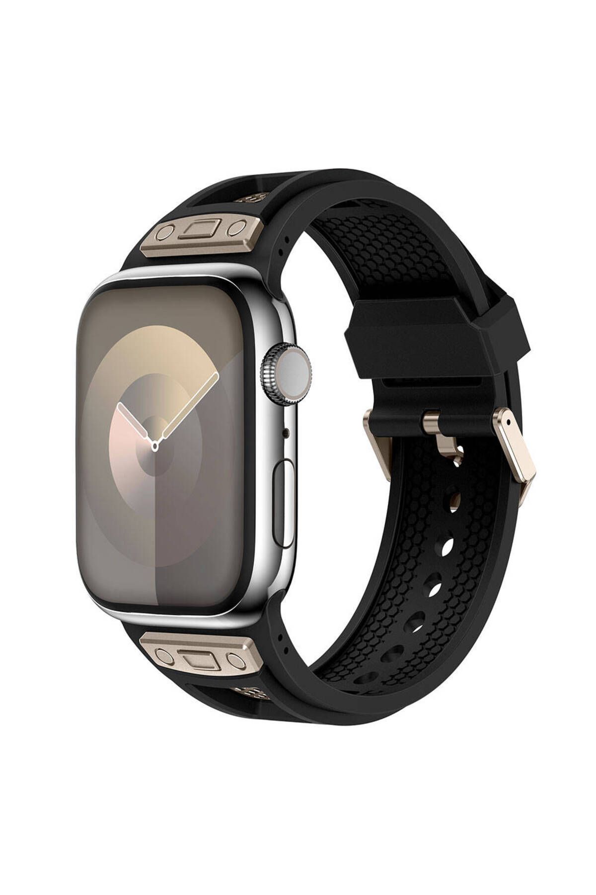 Megafox Teknoloji Apple Watch 3/4/5/6/7/8/9/ Se/ Ultra 42-44-45-49 Mm Uyumlu Kordon Silikon Metal Süslemeli KRD-117 K