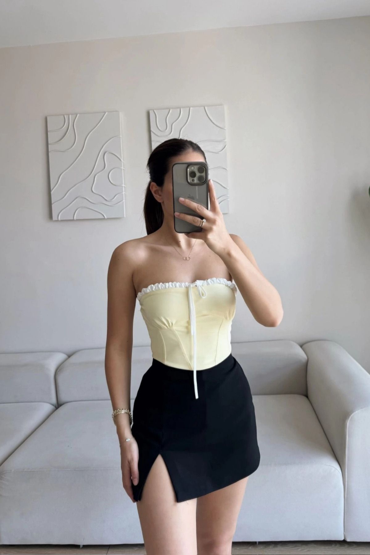 MOZENA Ön Bağlama Detaylı Straplez Crop Bluz