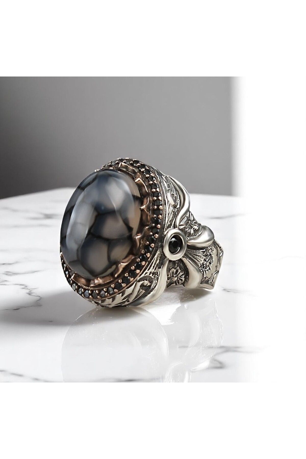 Asteria Jewelry Gri Akik Taşlı Gümüş Yüzük
