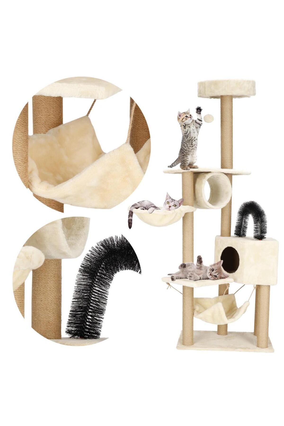 SERSIMO-Cat play set, with scratching post, hiding place, bed, hammock, ball, 154cm, cream 12