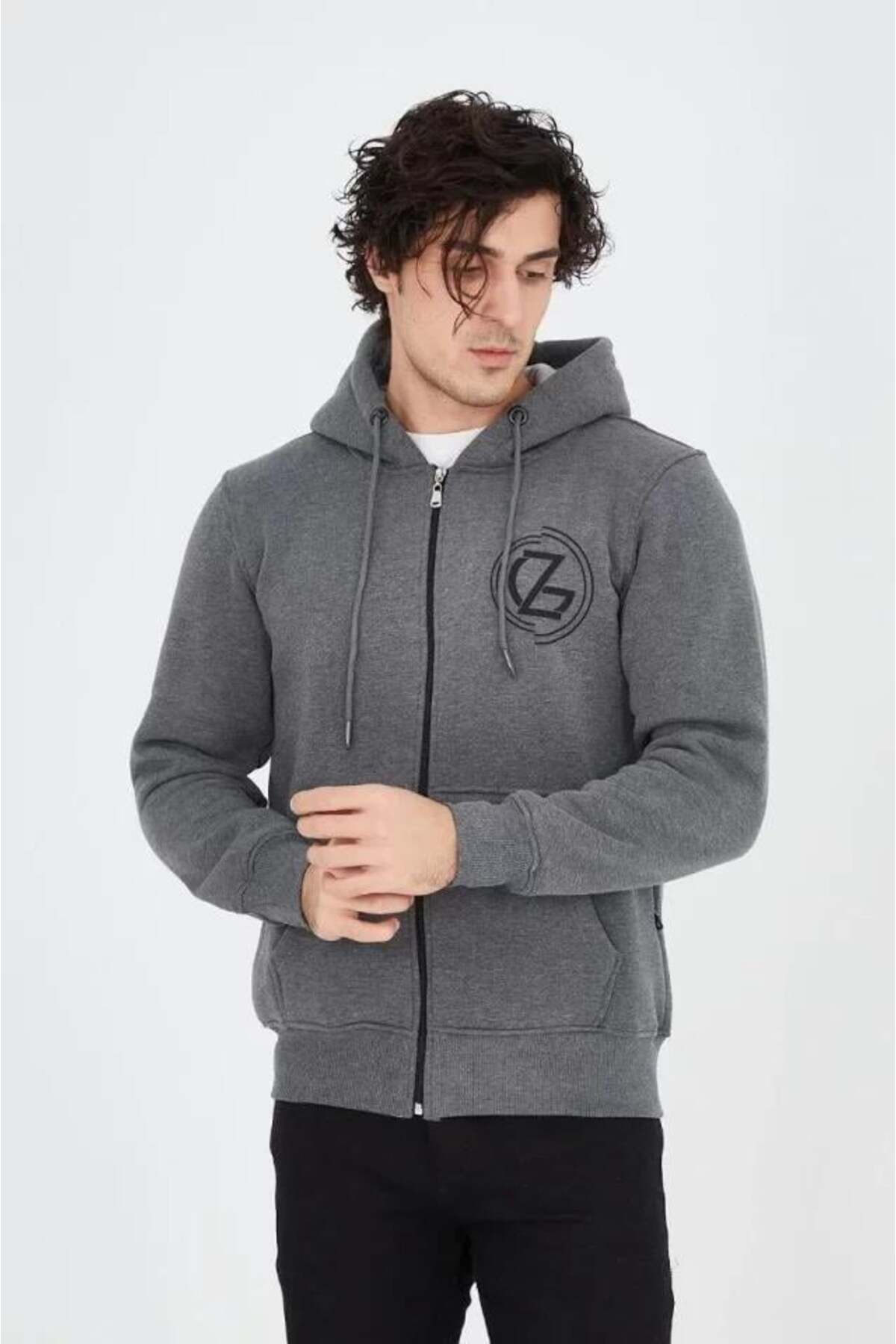 modamtn Erkek Kapüşonlu Baskılı Fermuarlı Hırka - Füme