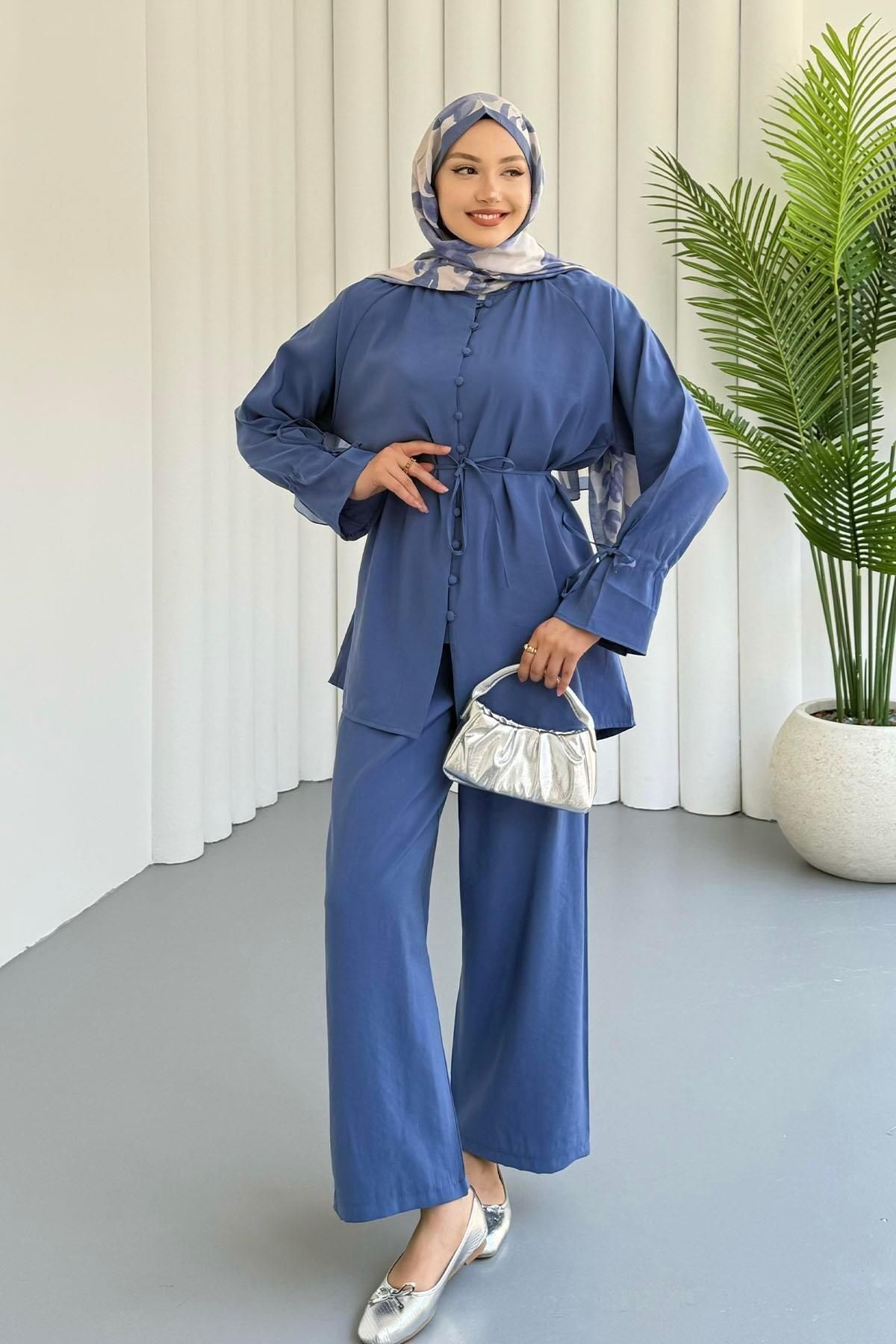 Modaensarbutik Kolları Bağcık Detaylı Önden Düğmeli Tesettür Takım-İNDİGO