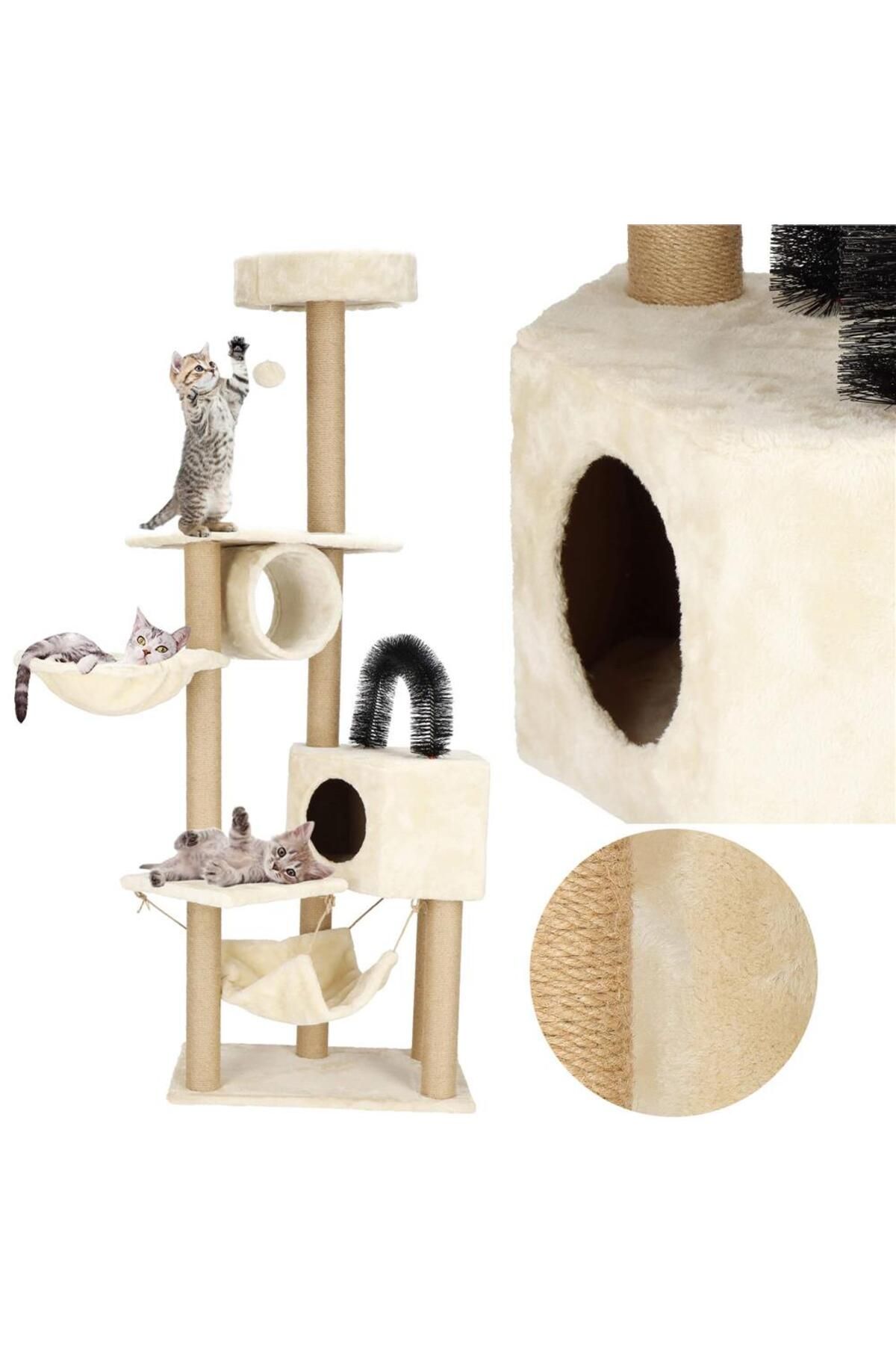 SERSIMO-Cat play set, with scratching post, hiding place, bed, hammock, ball, 154cm, cream 11