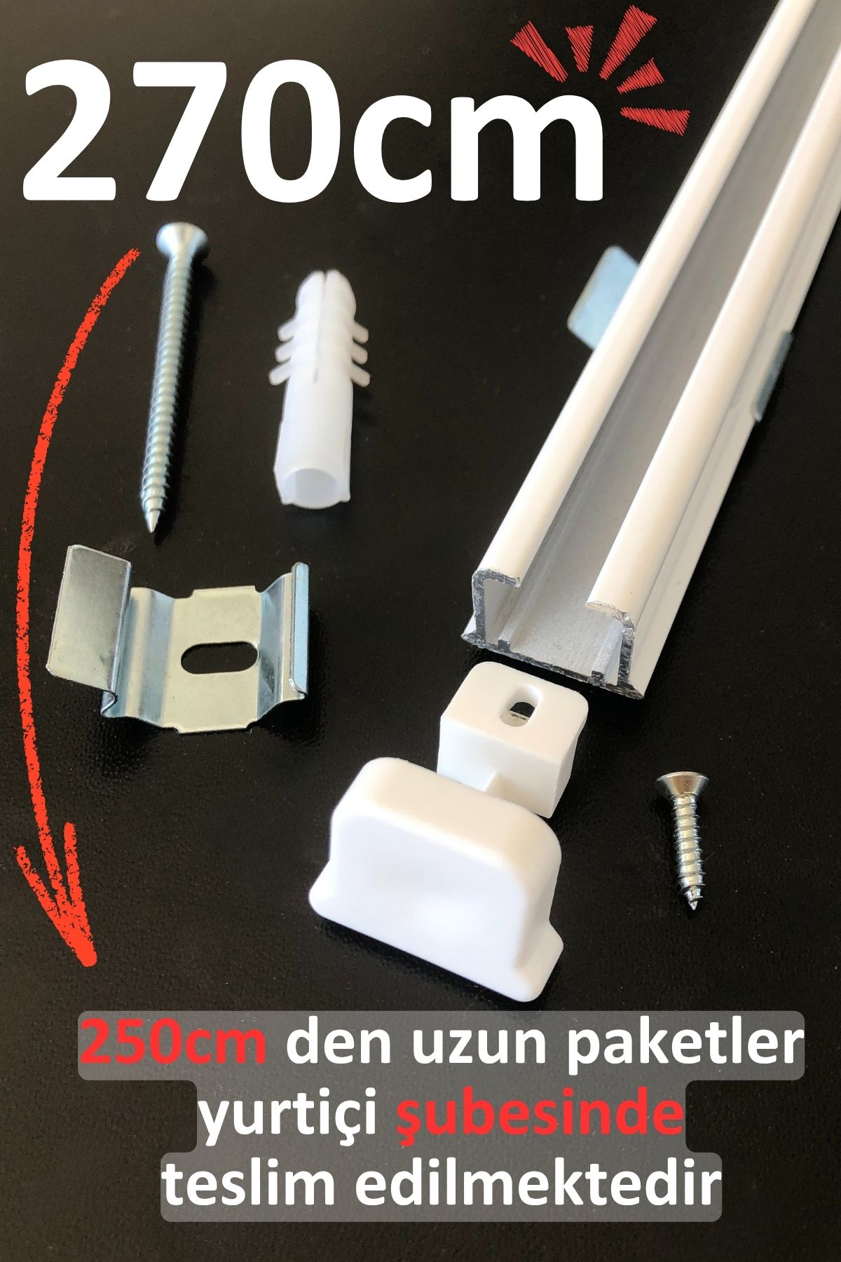 İzen Tek Kanallı 270cm Beyaz Alüminyum Ray (19mm) Tekli Korniş + Metal Portray