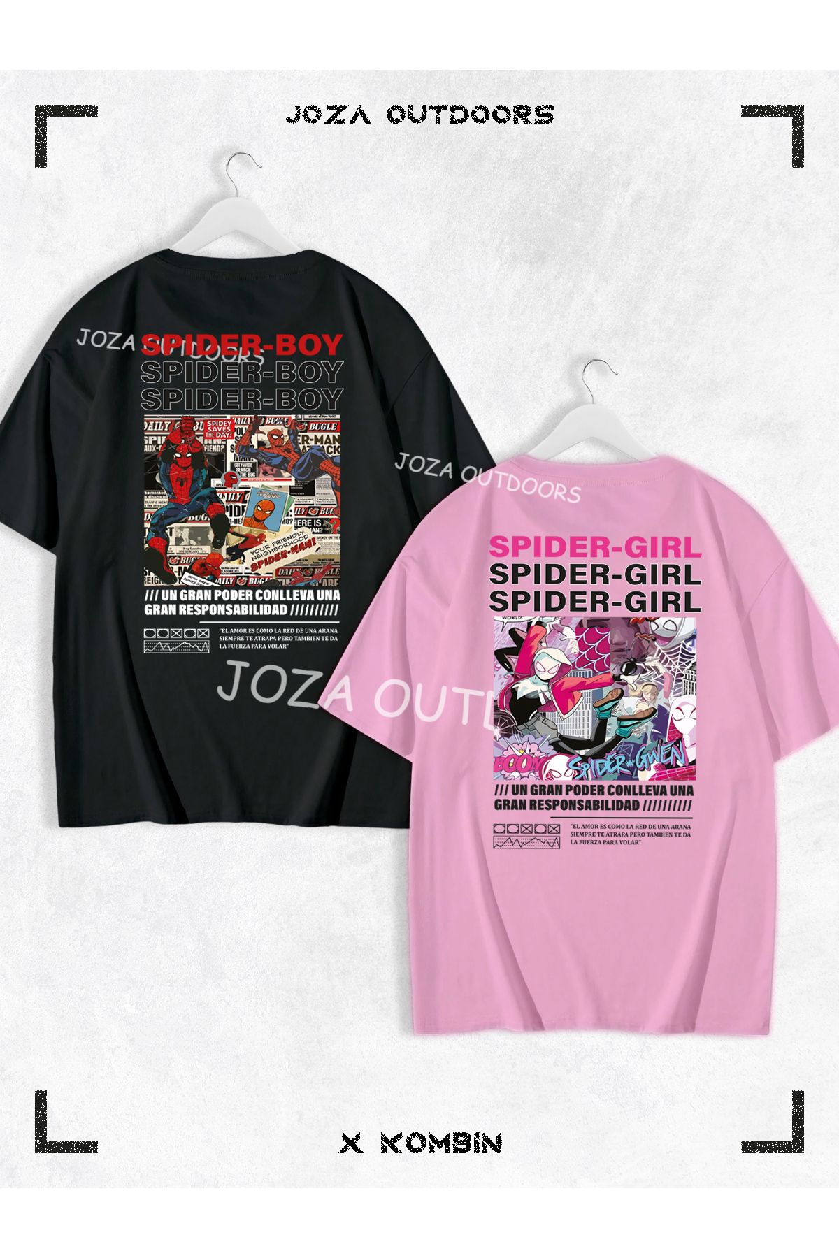 Jobia Outdoors Kadın Erkek Spider Boy Spider Girl SIRT Baskılı Sevgili Çift Kombini Oversize Tshirt 2'li Takım