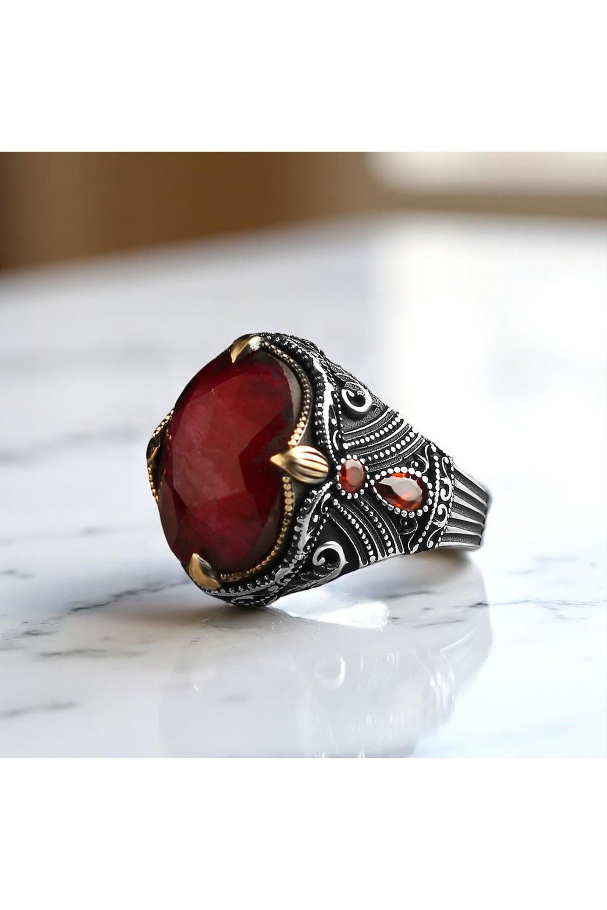 Asteria Jewelry Yakut Taşlı Gümüş Erkek Yüzük