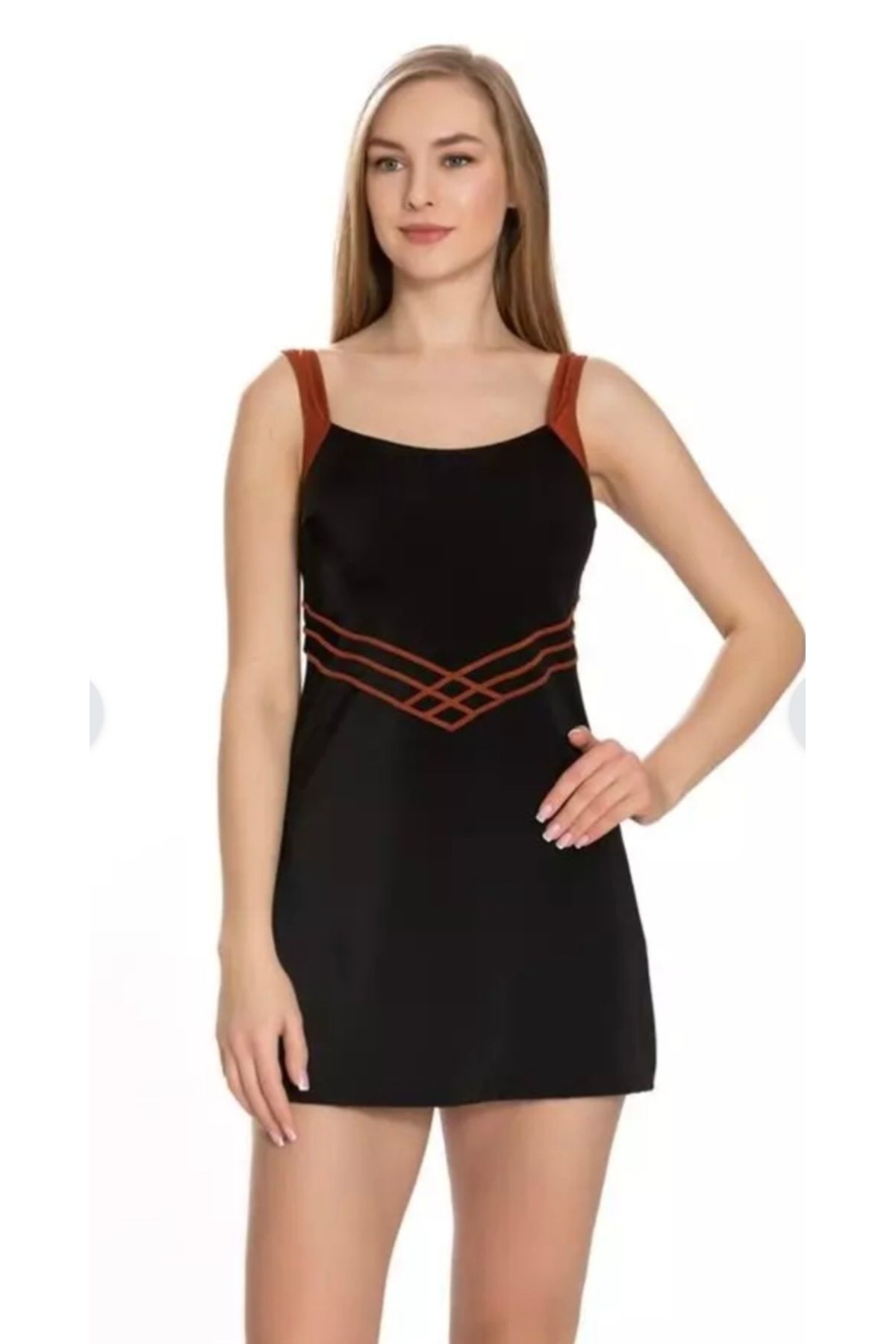 MODA Siyah ince askılı şortlu şeritli kısa elbise mayo