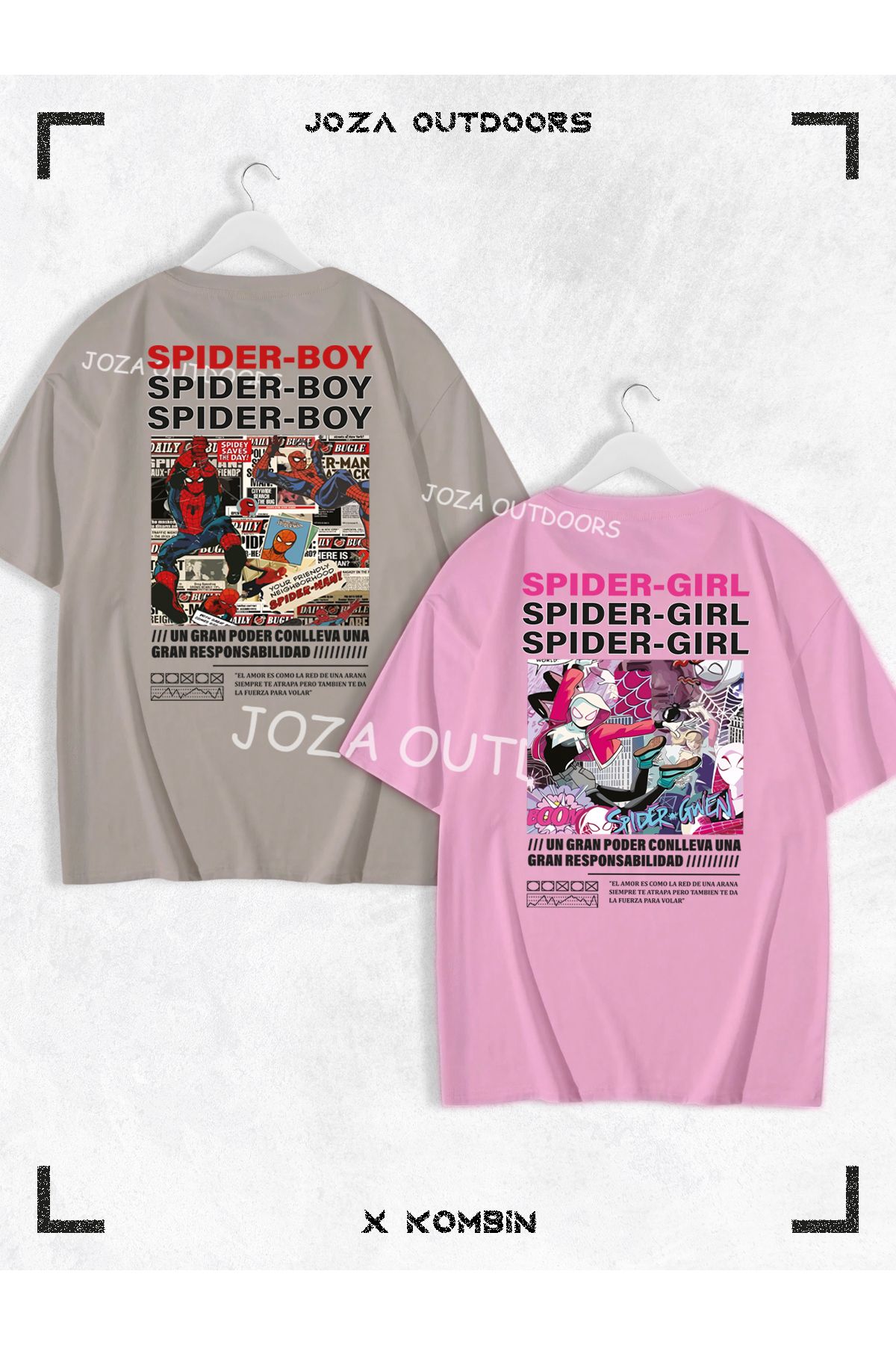 Joza Outdoors Kadın Erkek Spider Boy Spider Girl SIRT Baskılı Sevgili Çift Kombini Oversize Tshirt 2'li Takım
