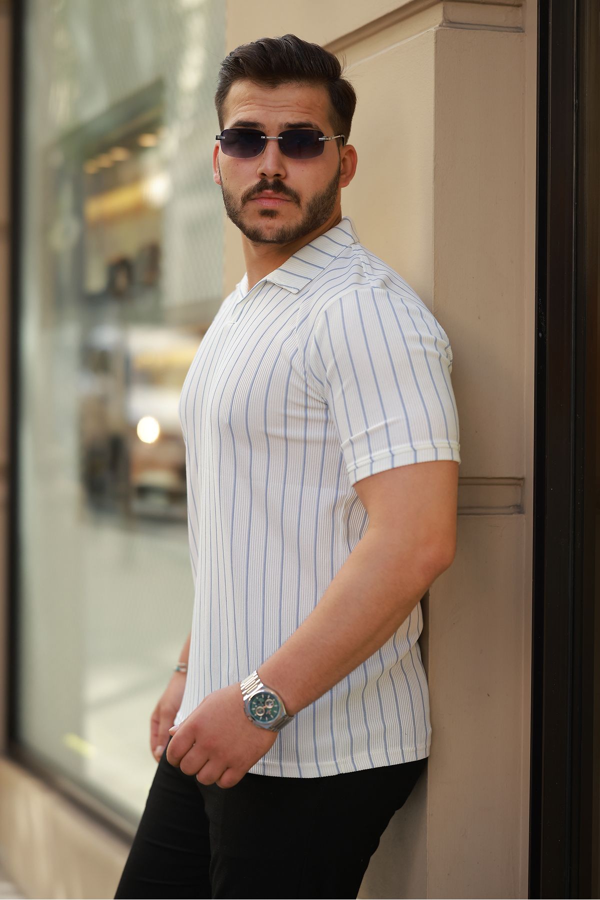 REFRESH Style Erkek Beyaz-Mavi Ottoman Çizgili Apaş Yaka Polo Tişört