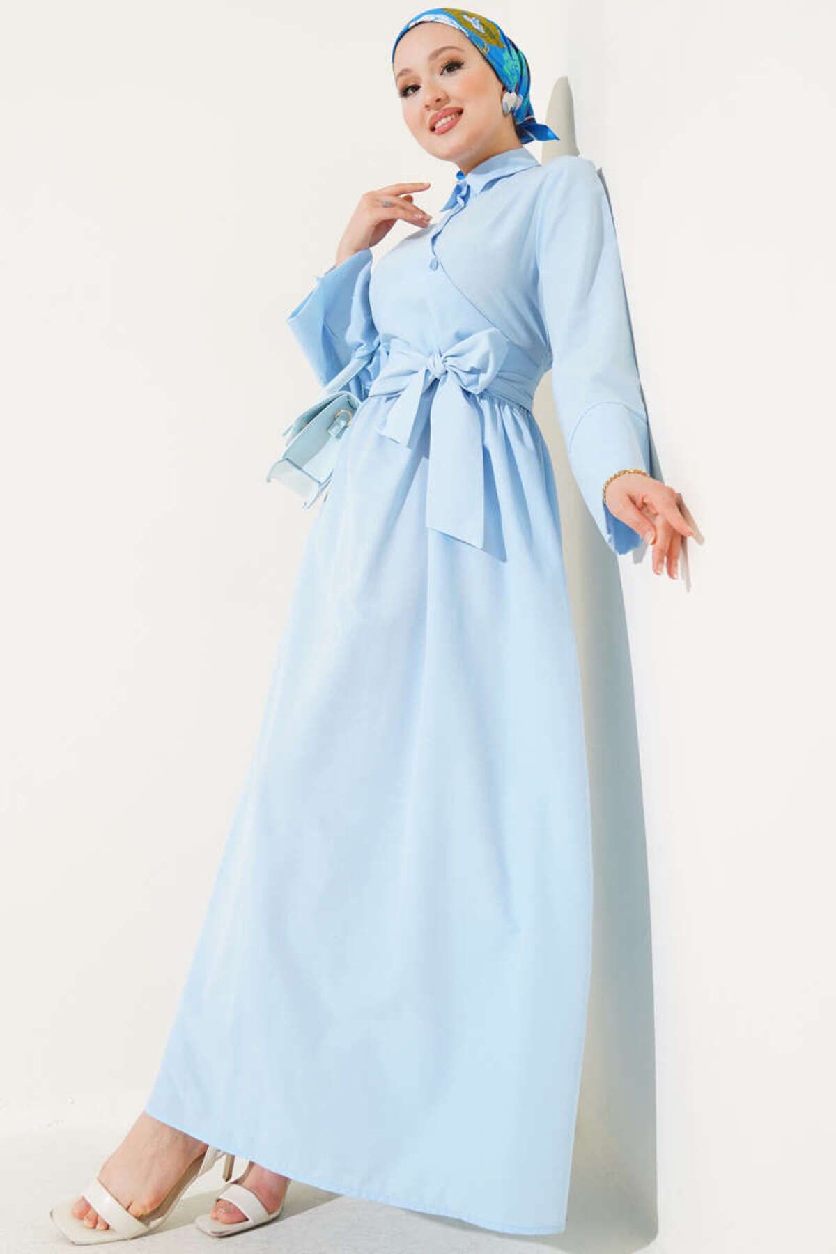 Aşkın fashion fiyonk detay mavi elbise