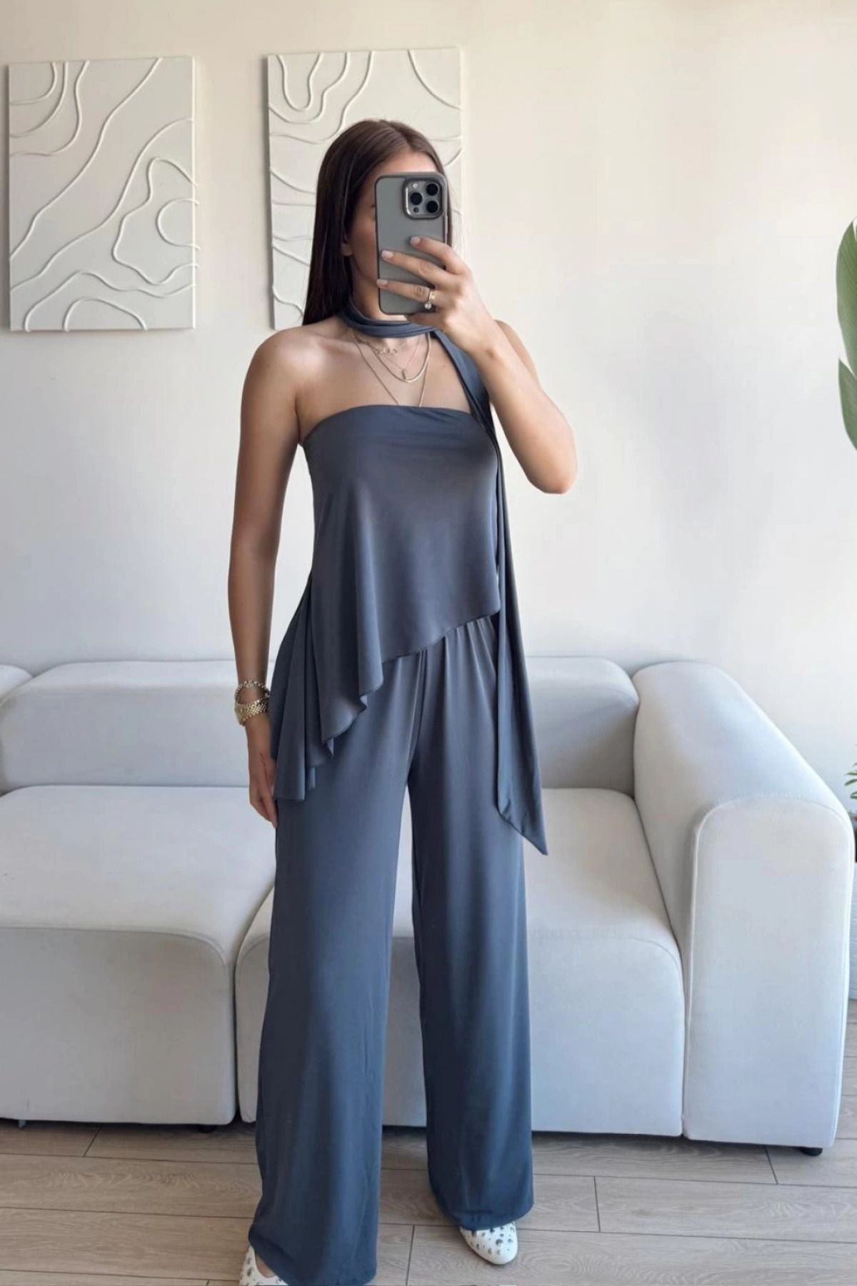 MOZENA Straplez Asimetrik Bluz Pantolon Fularlı Takım
