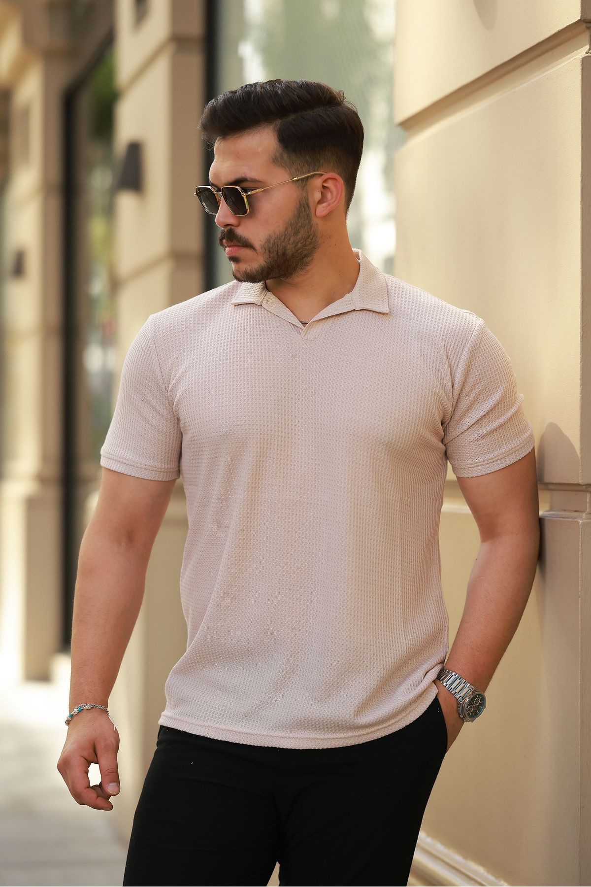 REFRESH Style Erkek Bej Waffle Triko Apaş Yaka Polo Tişört