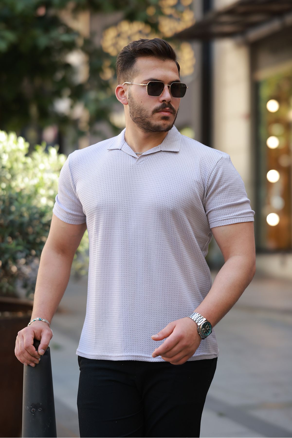 REFRESH Style Erkek Gri Waffle Triko Apaş Yaka Polo Tişört