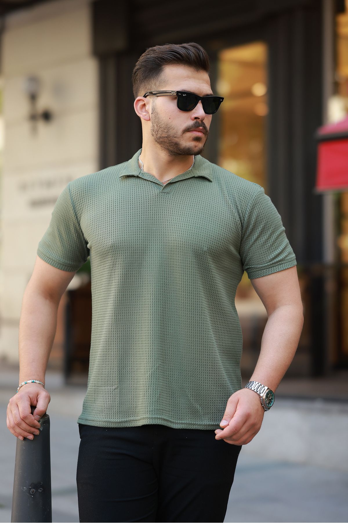 REFRESH Style Erkek Haki Waffle Triko Apaş Yaka Polo Tişört