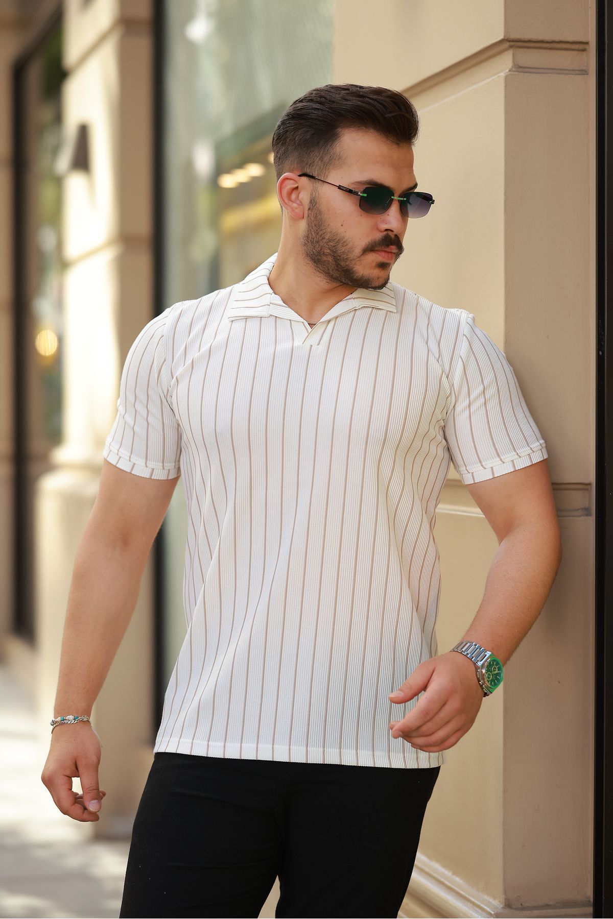 REFRESH Style Erkek Beyaz-Bej Ottoman Çizgili Apaş Yaka Polo Tişört