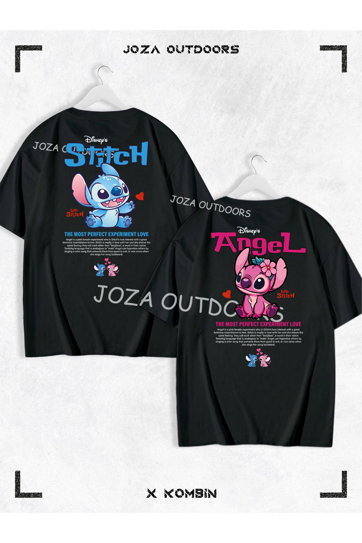 Jobia Outdoors Kadın Erkek Lilo Angel Stitch Yazılı SIRT Baskılı Sevgili Çift Kombini Oversize Tshirt 2'li Takım