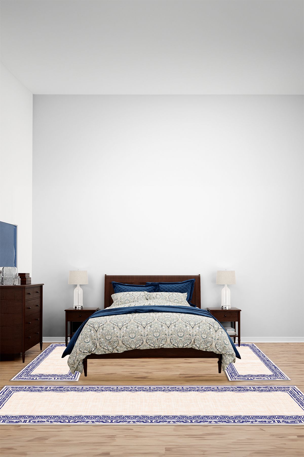 Viyana Home Kaymaz Çerçeve Desen İskandinav Model Yıkanabilir Üçlü Yatak Odası Halısı, YO-İSKANDİNAV-61-MAVİ,