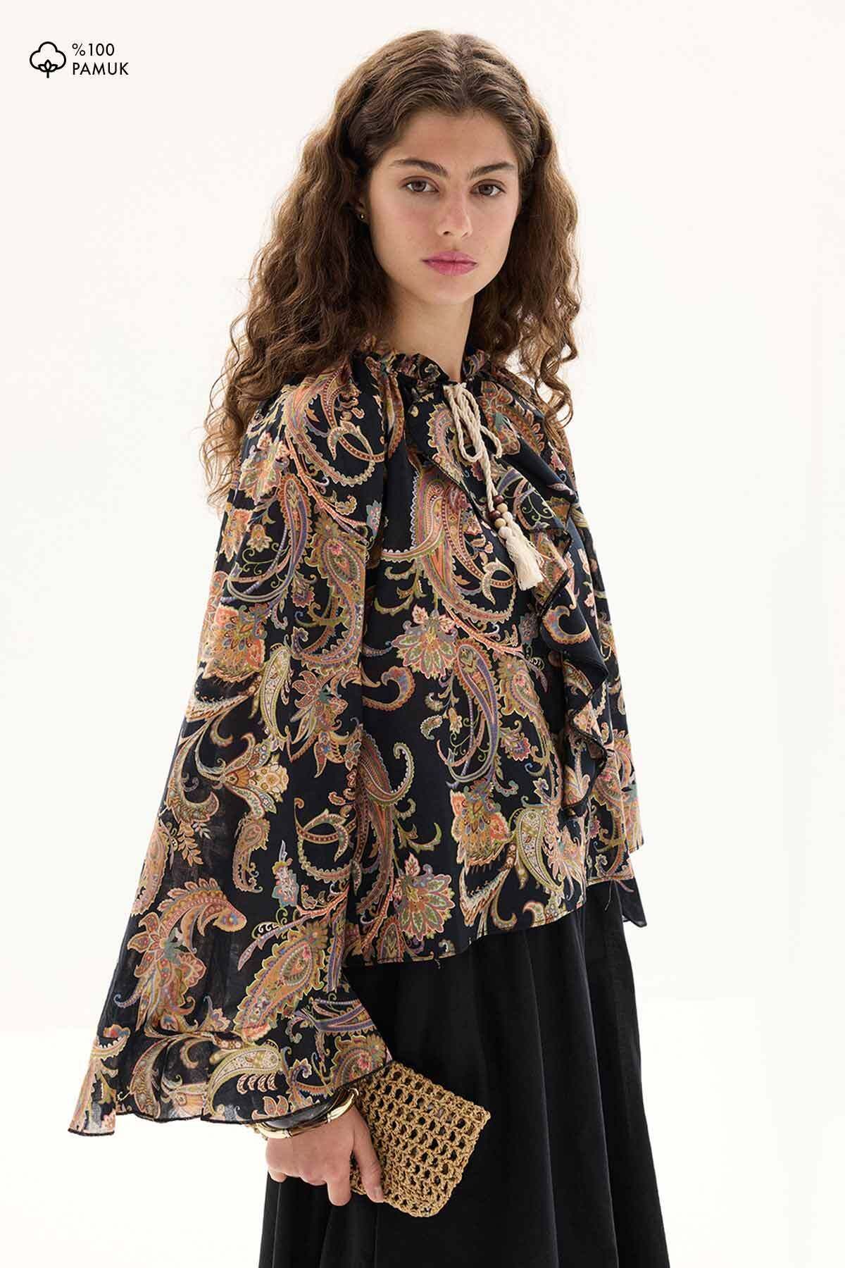Hooopstore Etnik Desen Pamuk Vual Siyah Bluz
