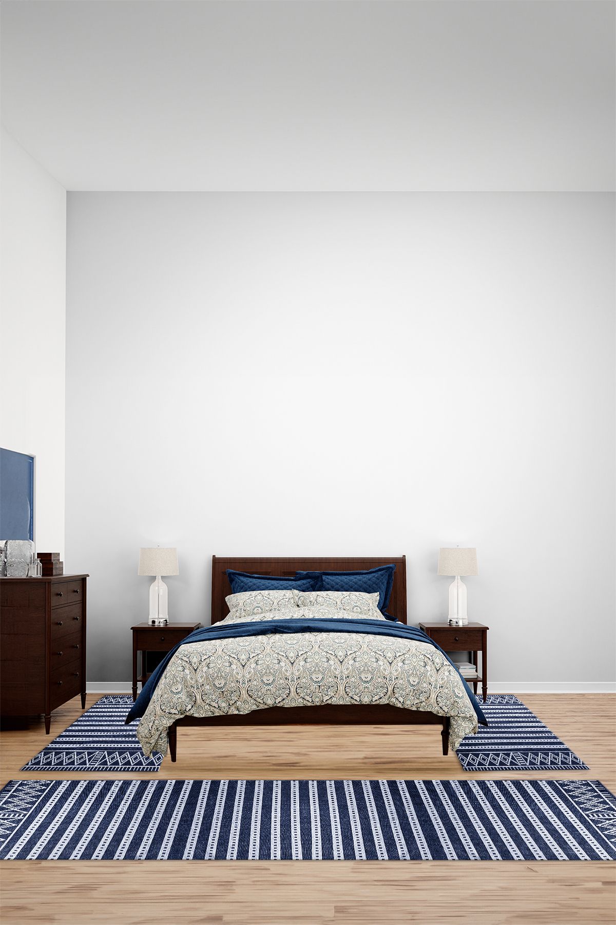 Viyana Home Kaymaz Modern İskandinav Model Yıkanabilir Üçlü Yatak Odası Halısı, YO-İSKANDİNAV-83-LACİVERT,