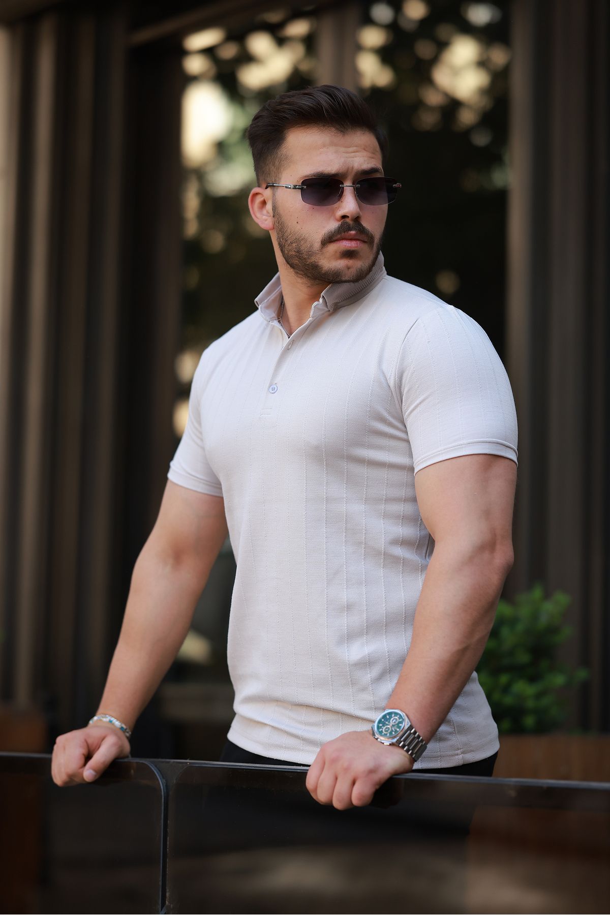 REFRESH Style Erkek Bej Geniş Şerit Desenli Düğmeli Polo Yaka Tişört